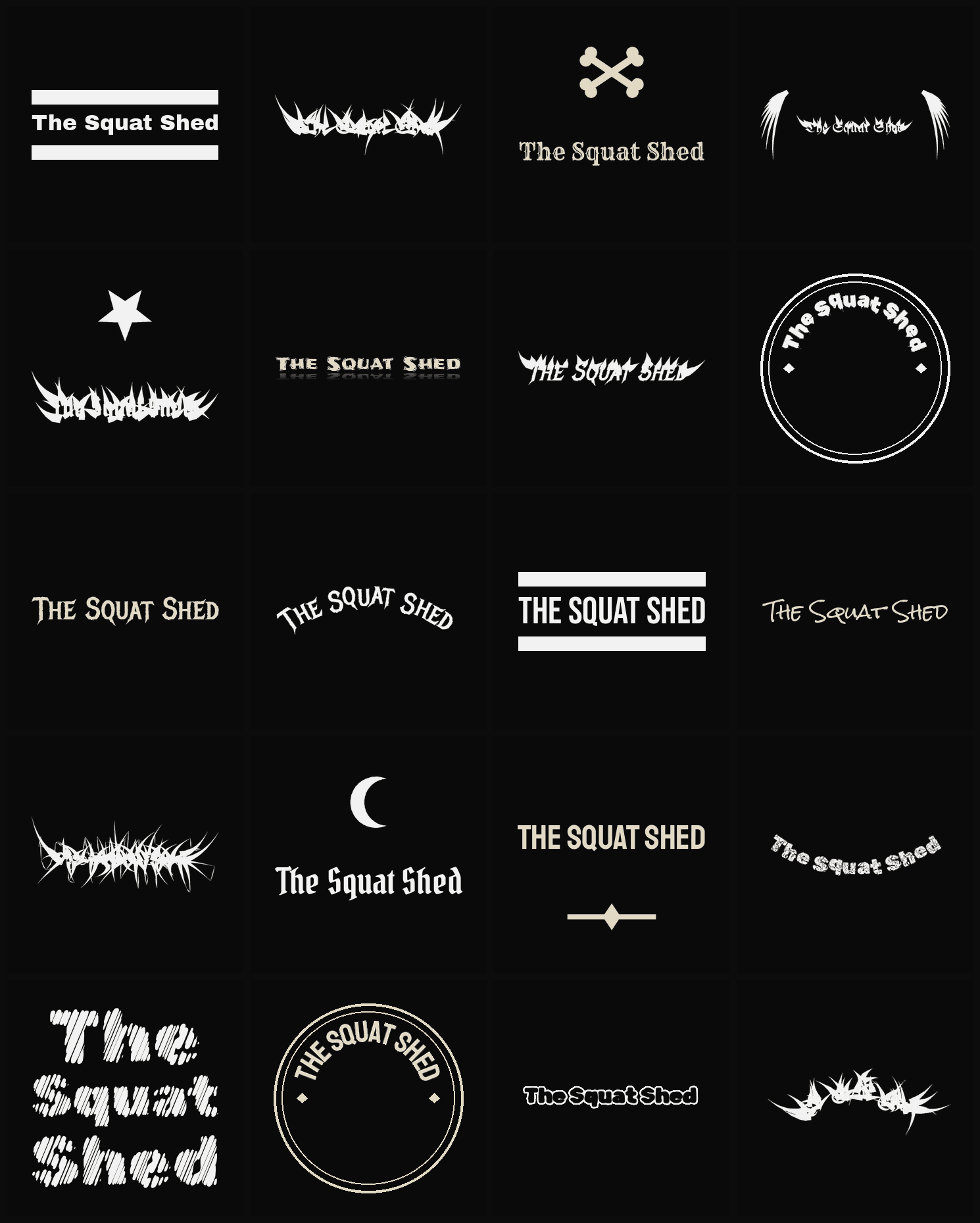 Twenty The Squat Shed band logo ideas — different faces, treatments and spike settings