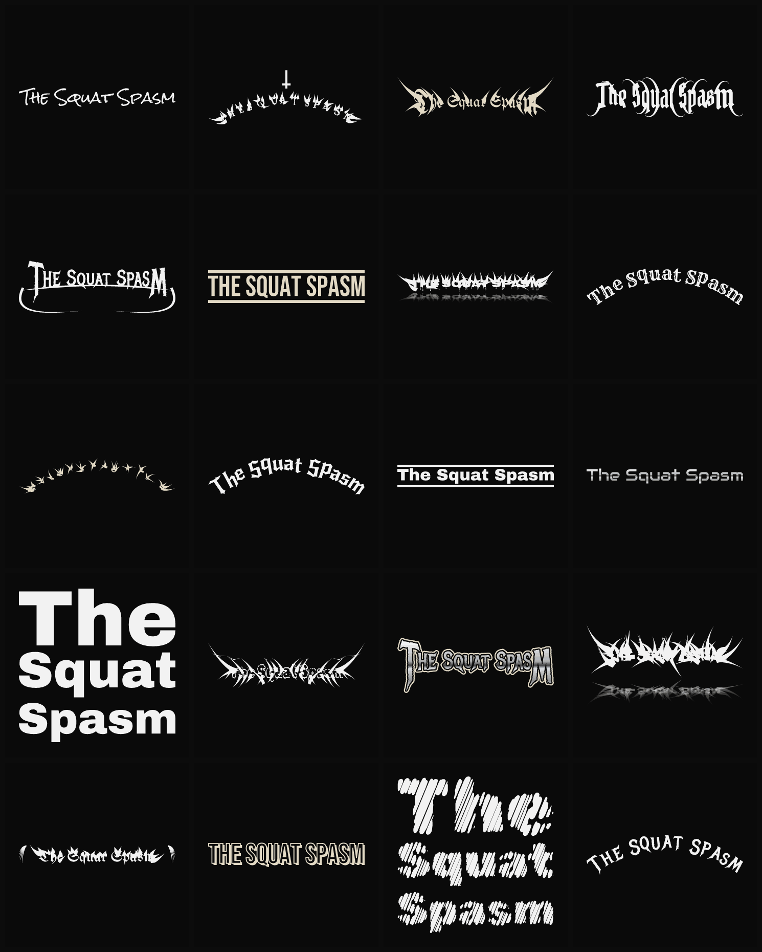 Twenty The Squat Spasm band logo ideas — different faces, treatments and spike settings