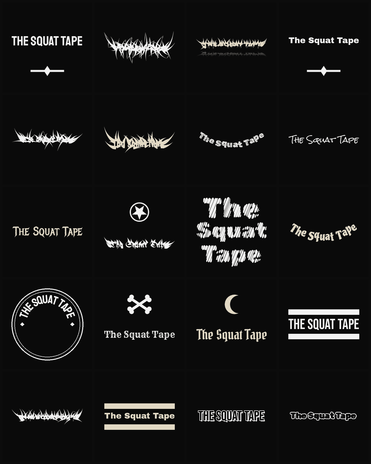 Twenty The Squat Tape band logo ideas — different faces, treatments and spike settings