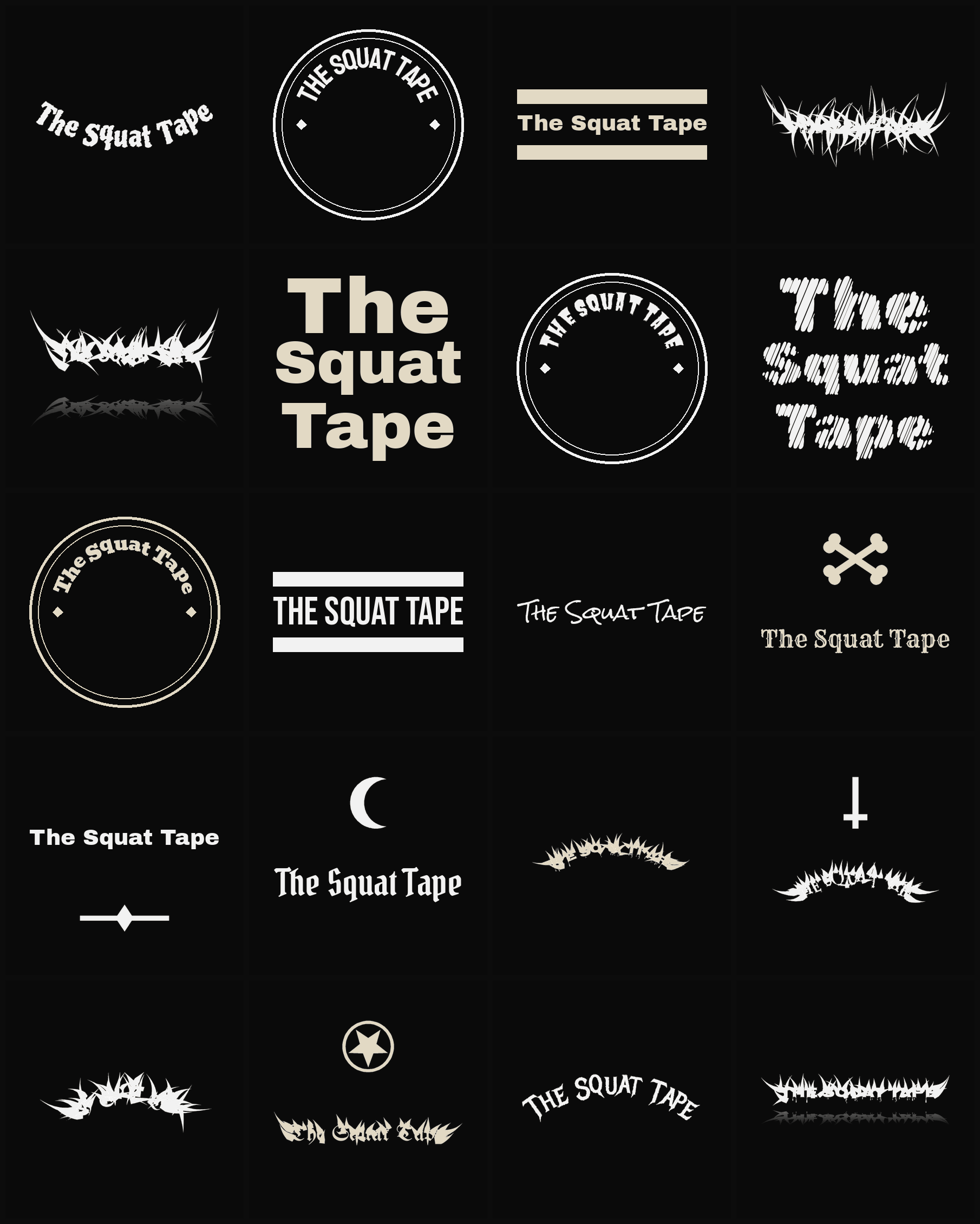 Twenty The Squat Tape band logo ideas — different faces, treatments and spike settings