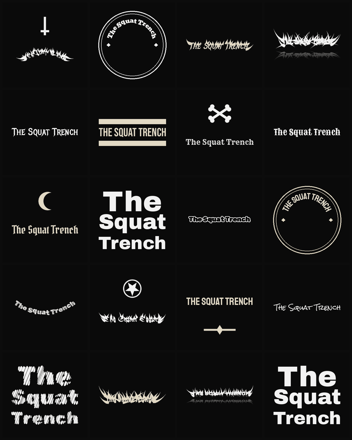 Twenty The Squat Trench band logo ideas — different faces, treatments and spike settings