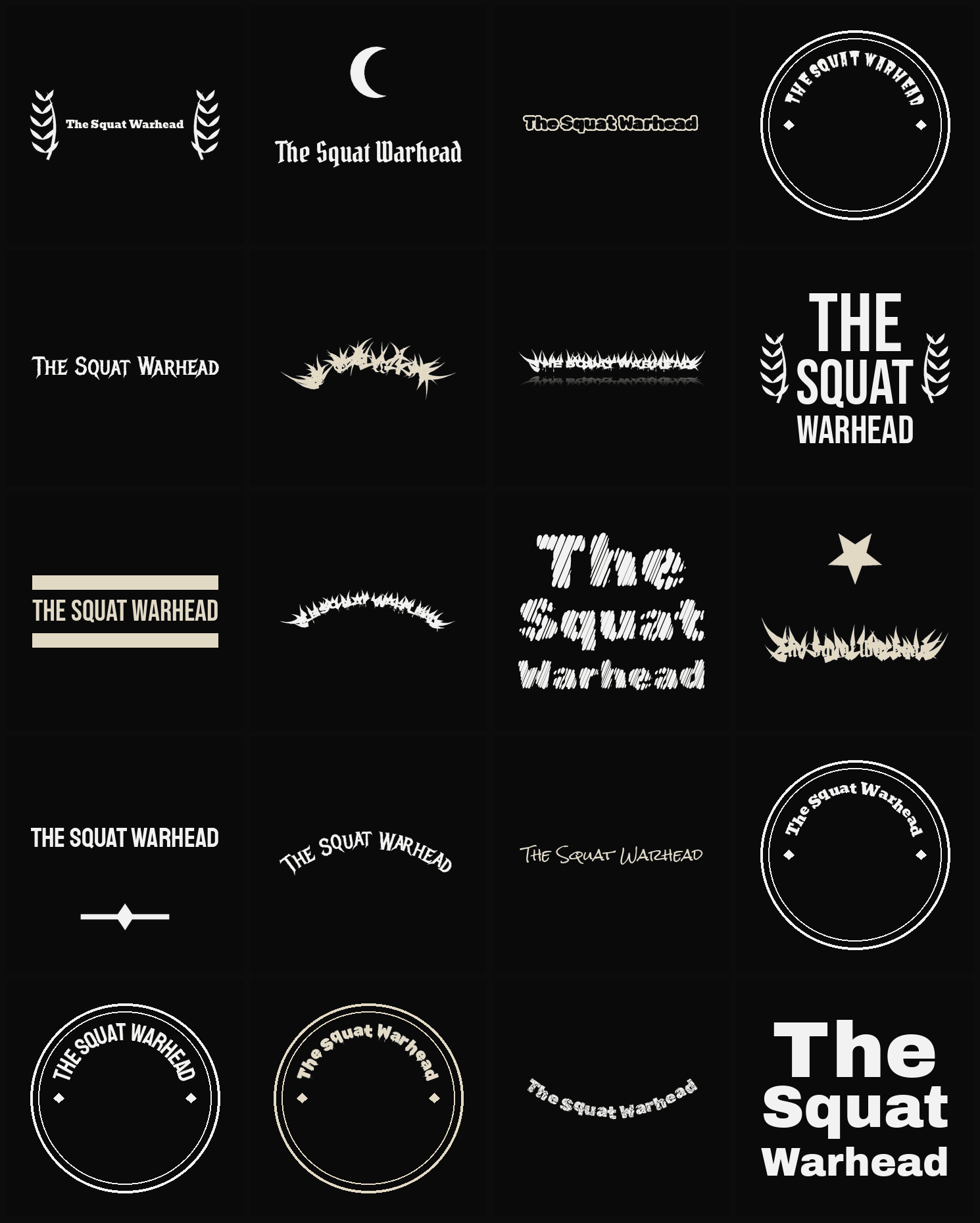 Twenty The Squat Warhead band logo ideas — different faces, treatments and spike settings