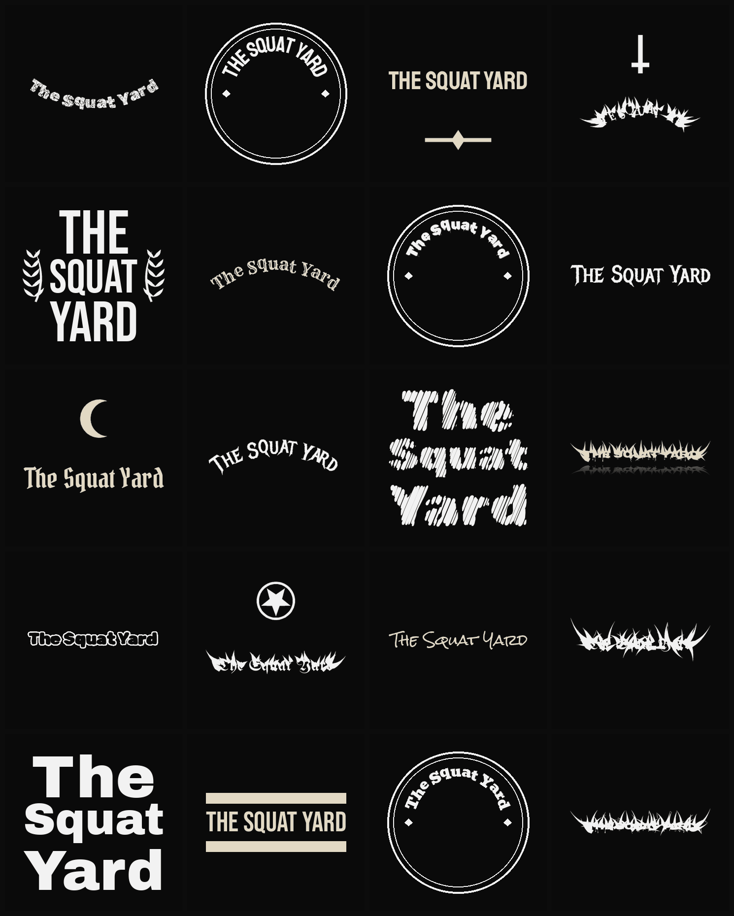 Twenty The Squat Yard band logo ideas — different faces, treatments and spike settings