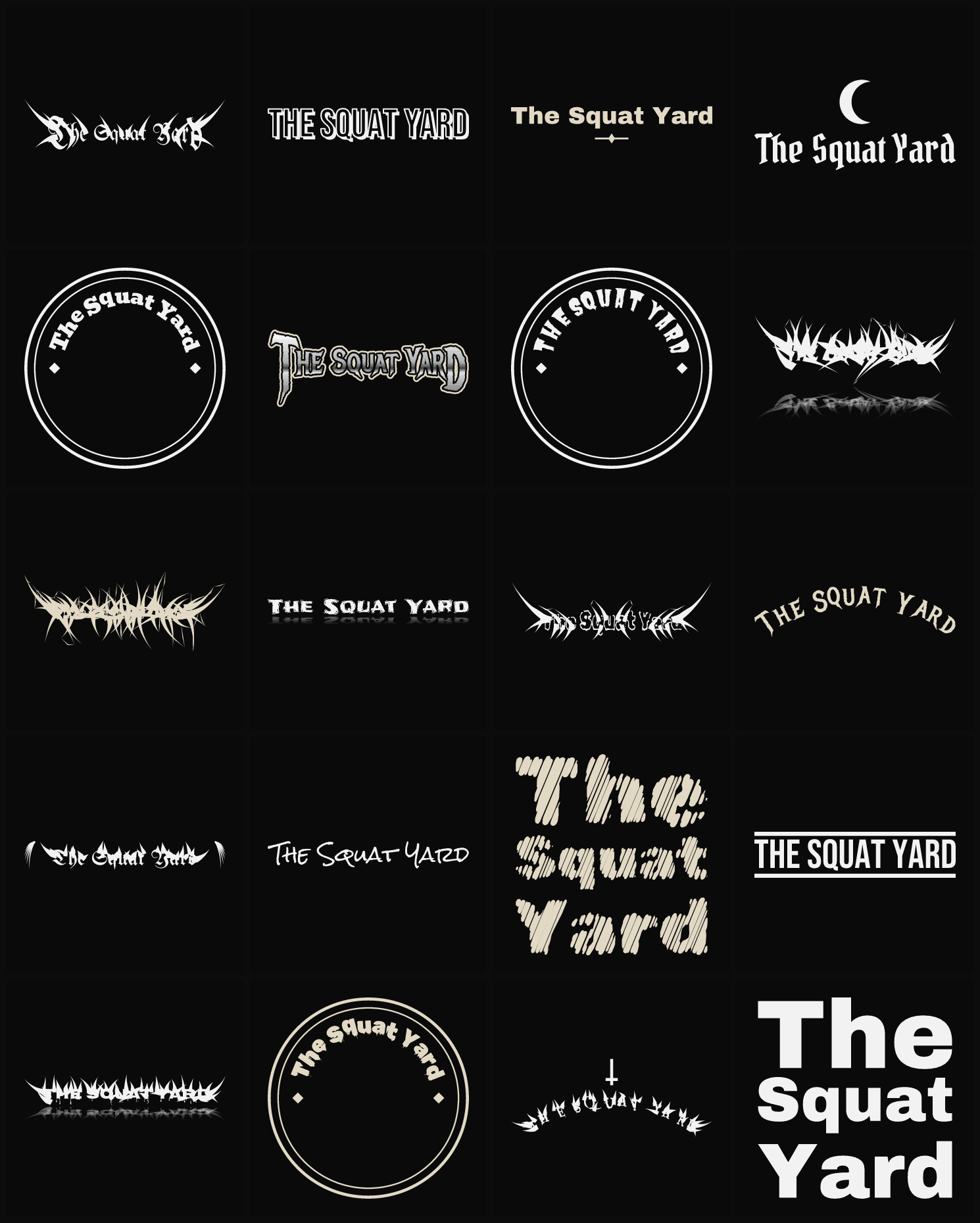 Twenty The Squat Yard band logo ideas — different faces, treatments and spike settings