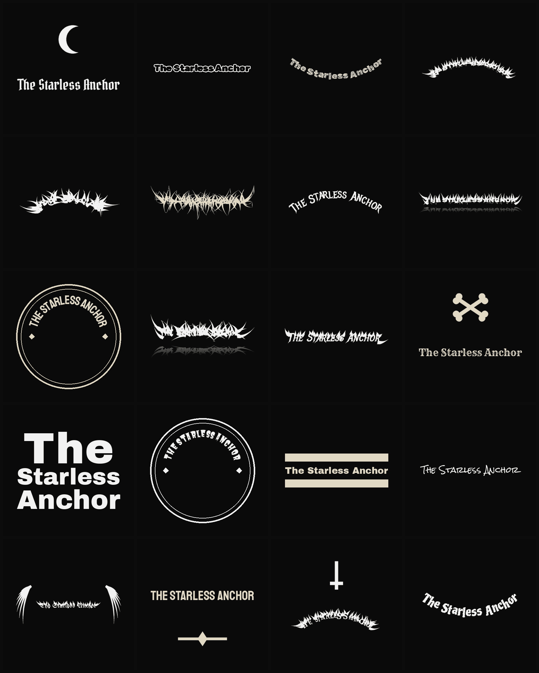 Twenty The Starless Anchor band logo ideas — different faces, treatments and spike settings