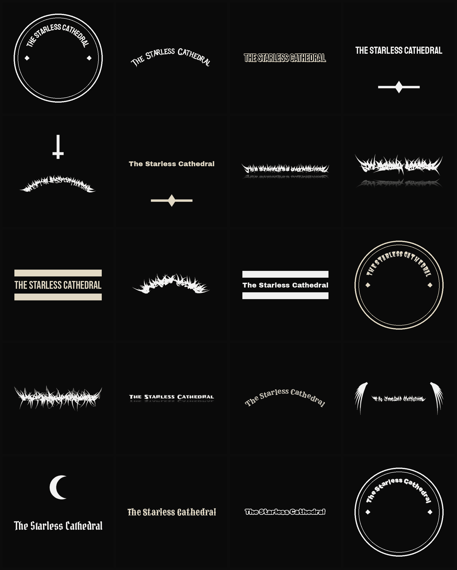 Twenty The Starless Cathedral band logo ideas — different faces, treatments and spike settings