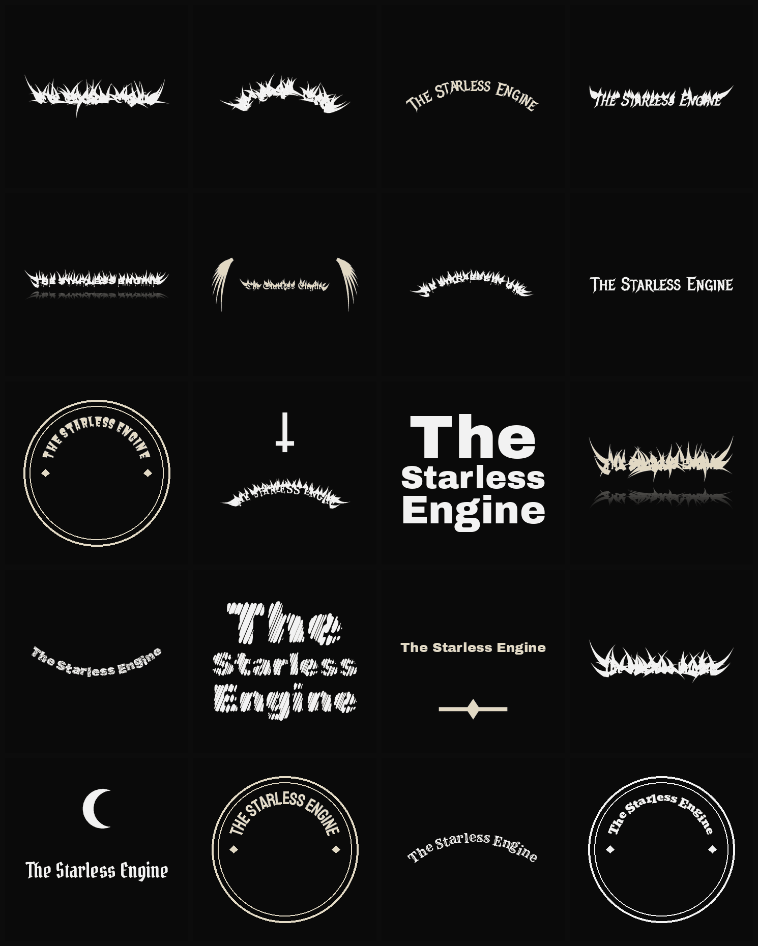 Twenty The Starless Engine band logo ideas — different faces, treatments and spike settings