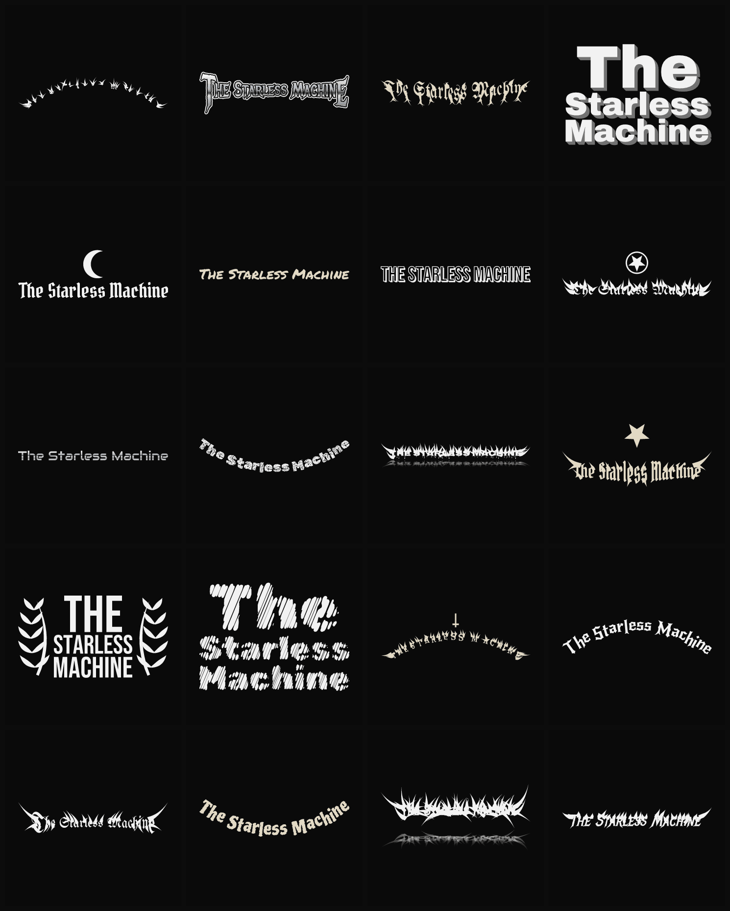 Twenty The Starless Machine band logo ideas — different faces, treatments and spike settings