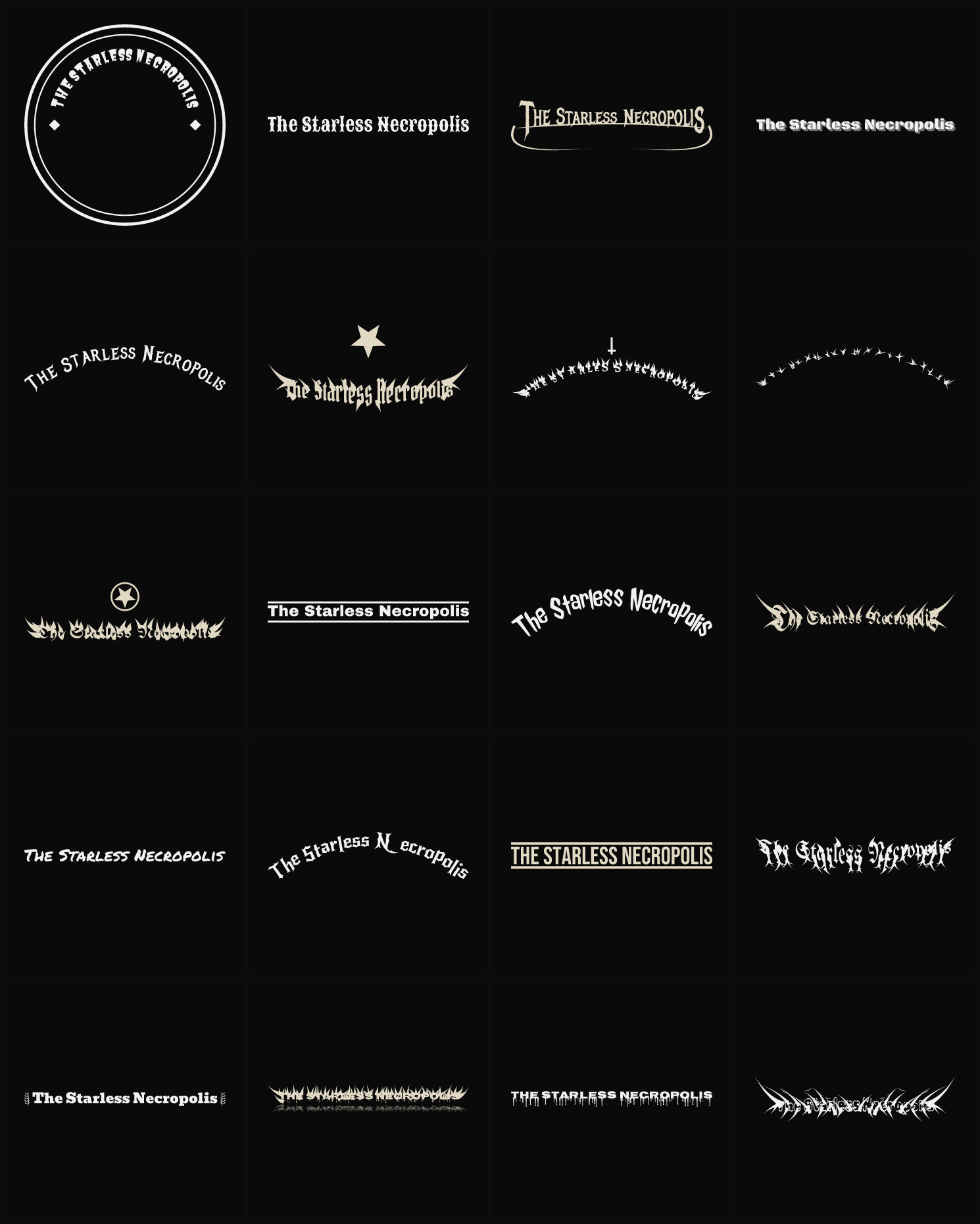 Twenty The Starless Necropolis band logo ideas — different faces, treatments and spike settings