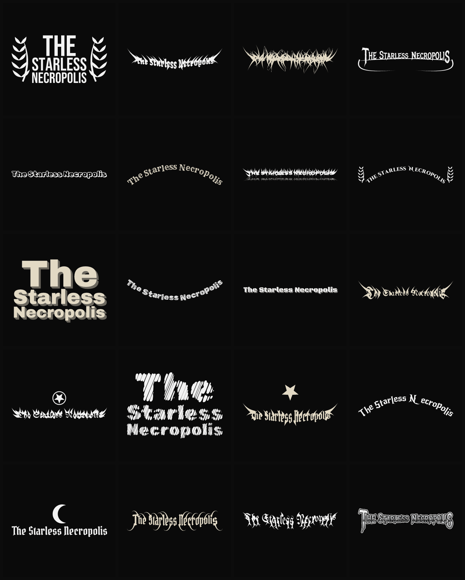 Twenty The Starless Necropolis band logo ideas — different faces, treatments and spike settings