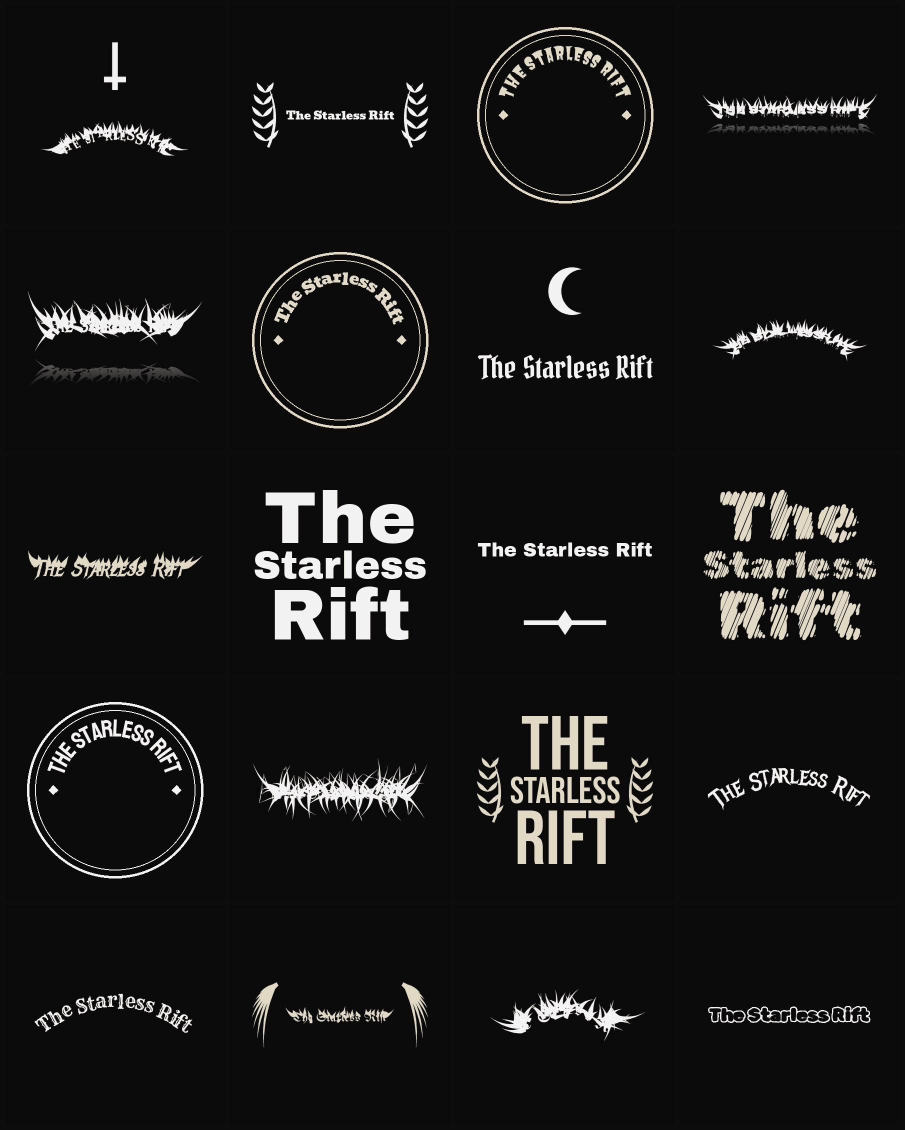 Twenty The Starless Rift band logo ideas — different faces, treatments and spike settings