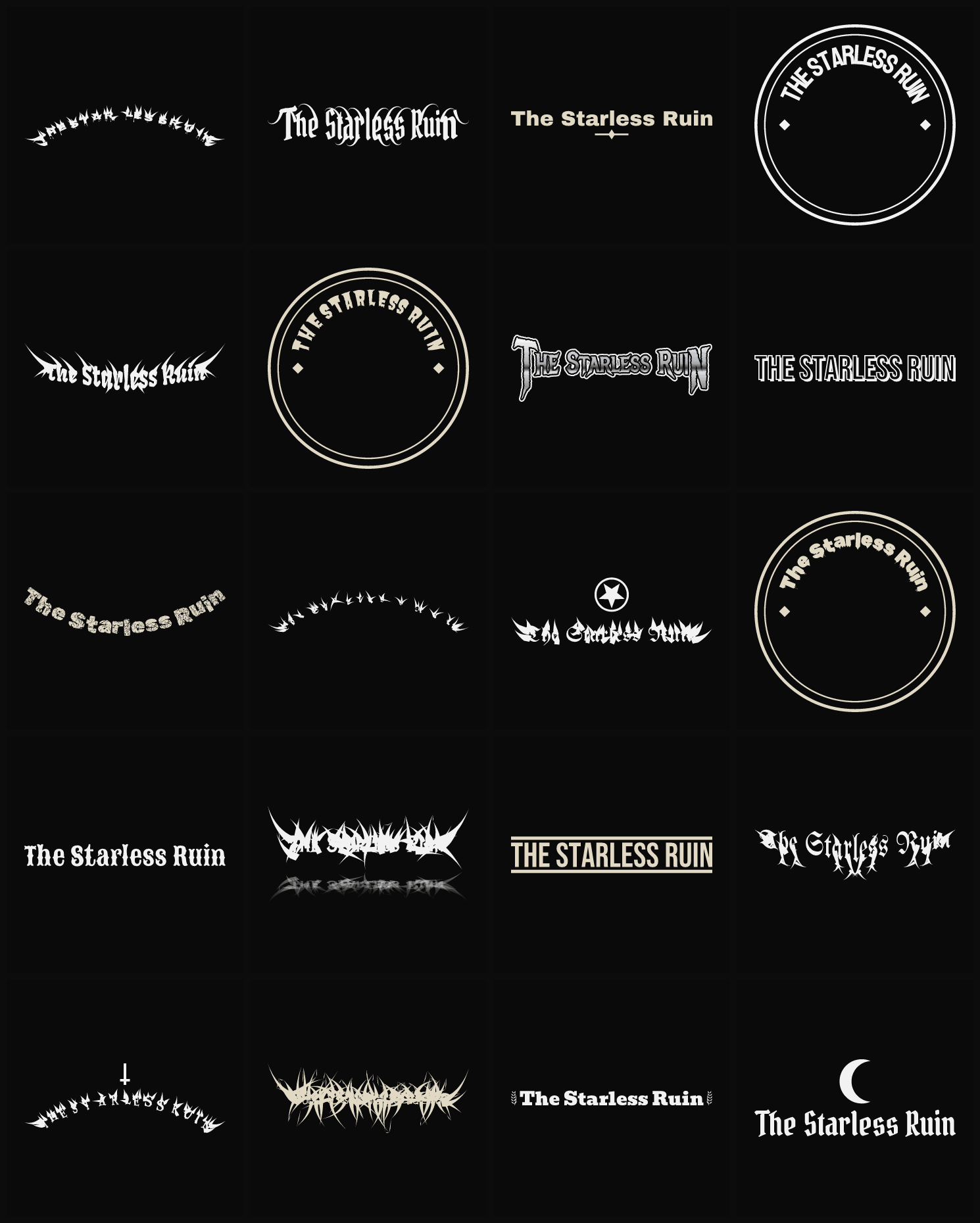 Twenty The Starless Ruin band logo ideas — different faces, treatments and spike settings
