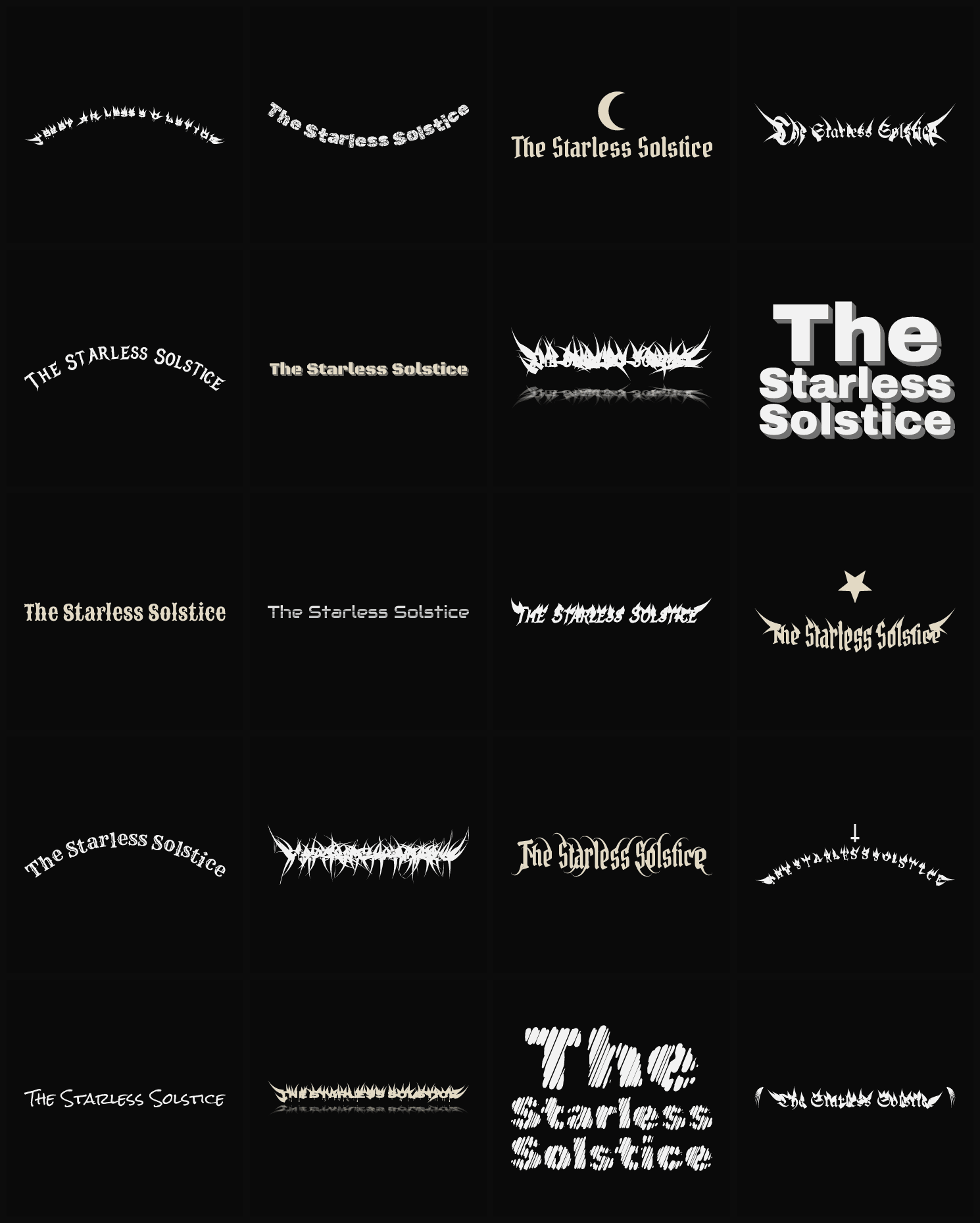 Twenty The Starless Solstice band logo ideas — different faces, treatments and spike settings
