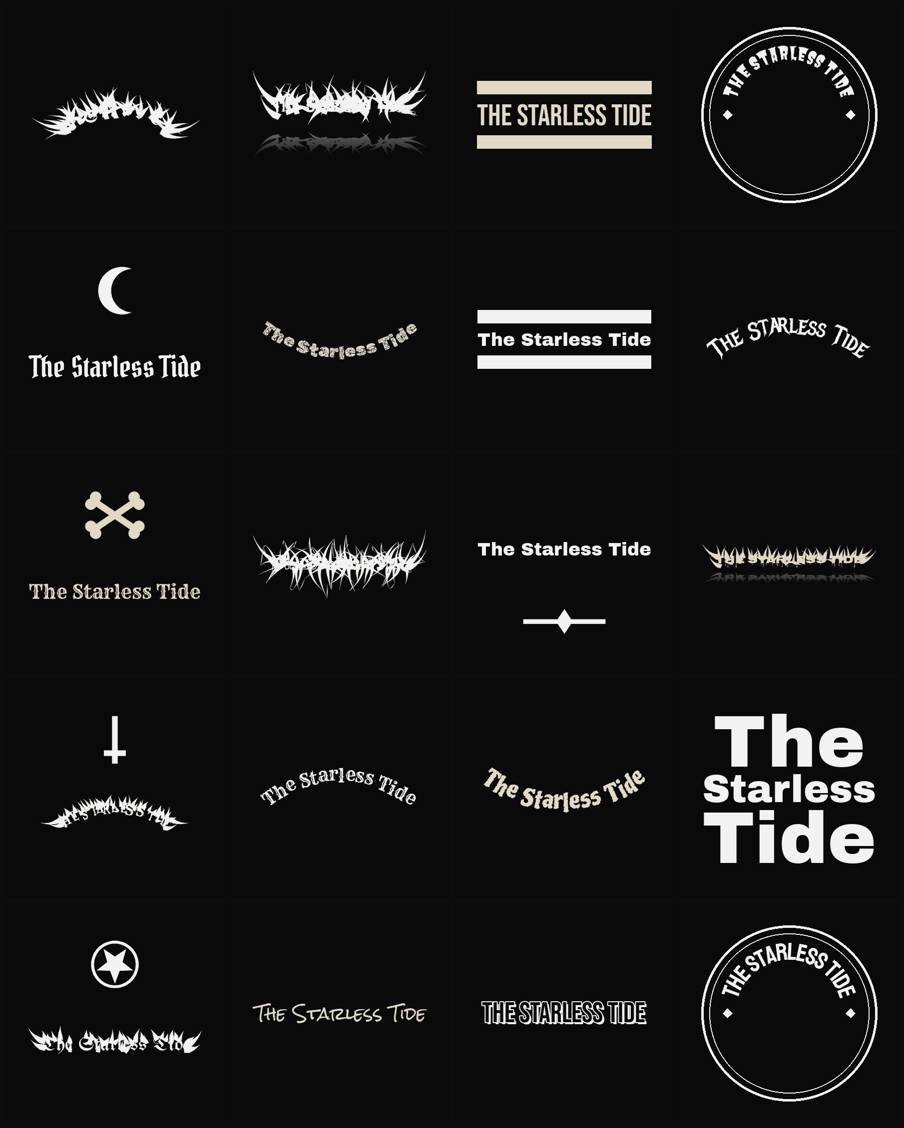 Twenty The Starless Tide band logo ideas — different faces, treatments and spike settings