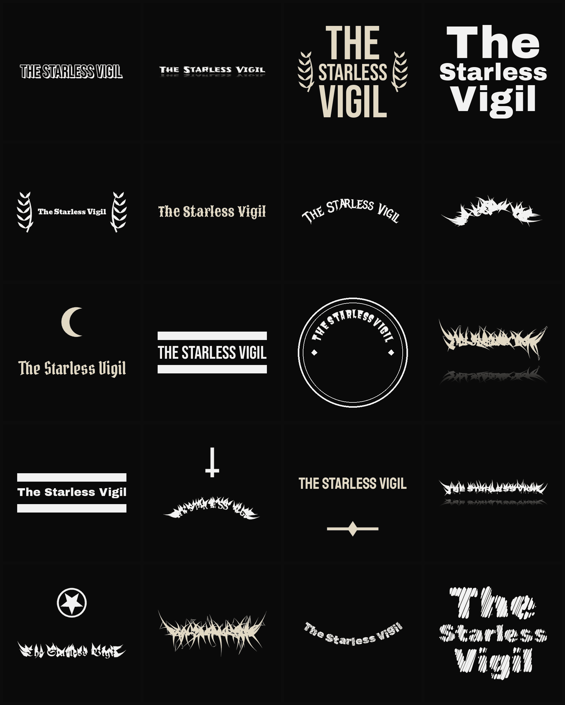 Twenty The Starless Vigil band logo ideas — different faces, treatments and spike settings