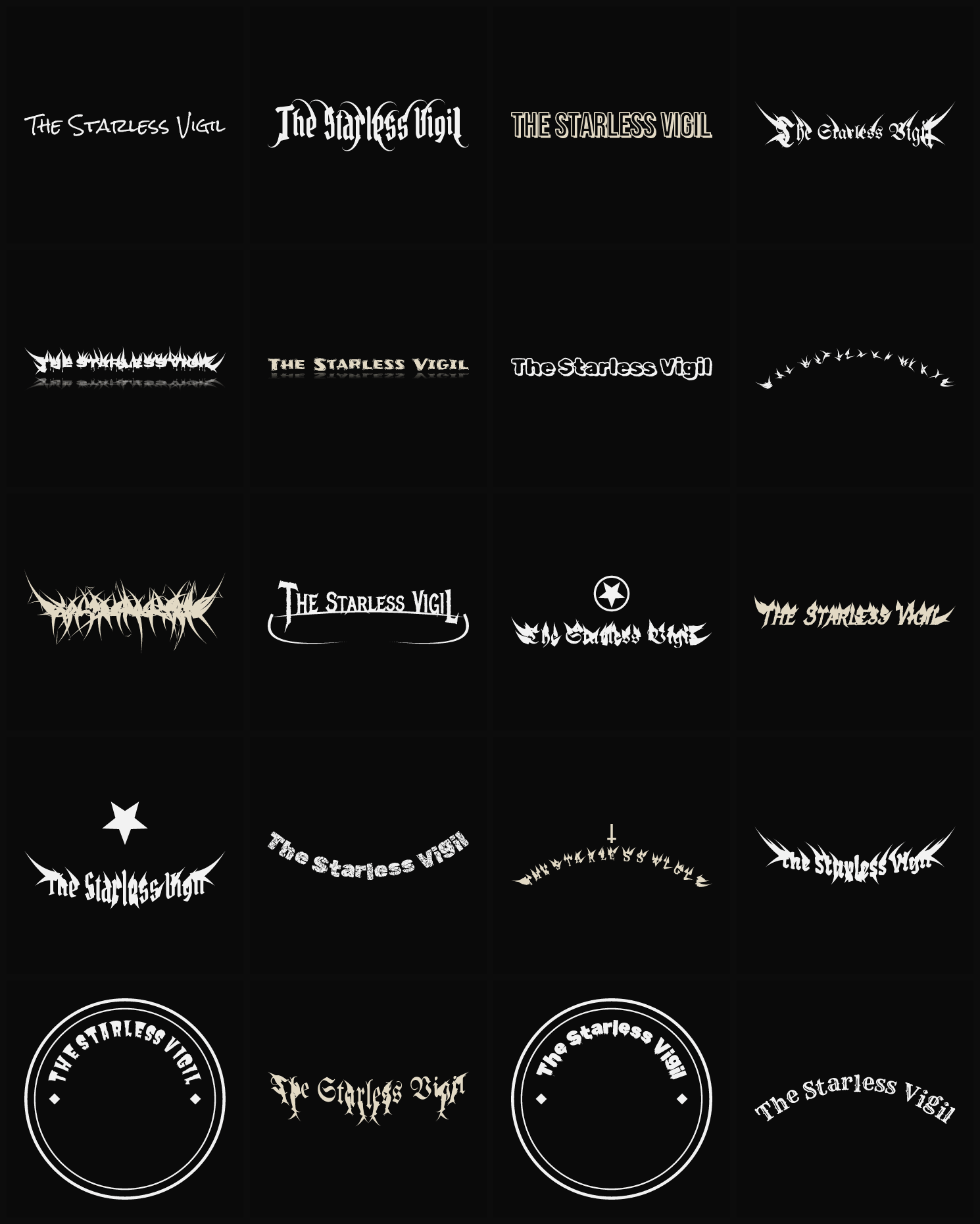 Twenty The Starless Vigil band logo ideas — different faces, treatments and spike settings