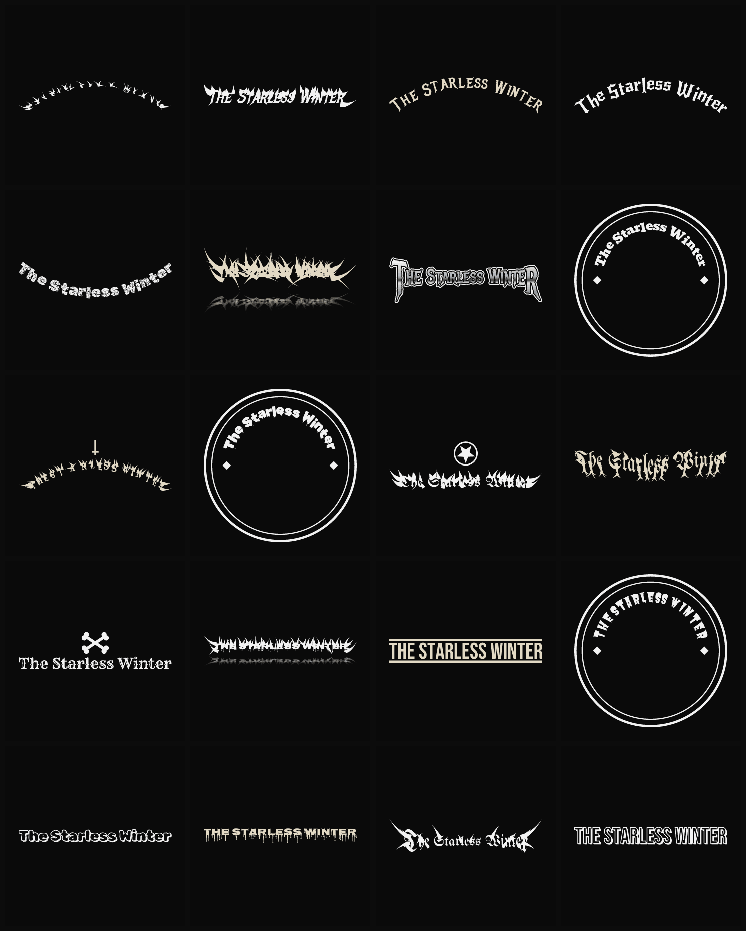 Twenty The Starless Winter band logo ideas — different faces, treatments and spike settings