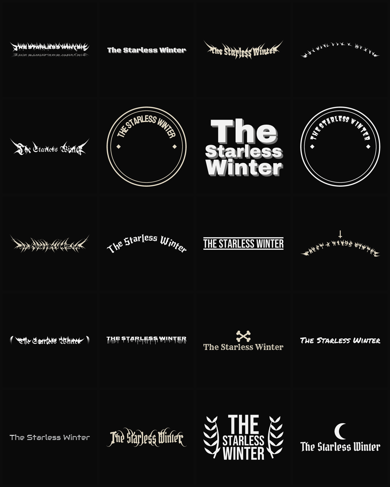 Twenty The Starless Winter band logo ideas — different faces, treatments and spike settings