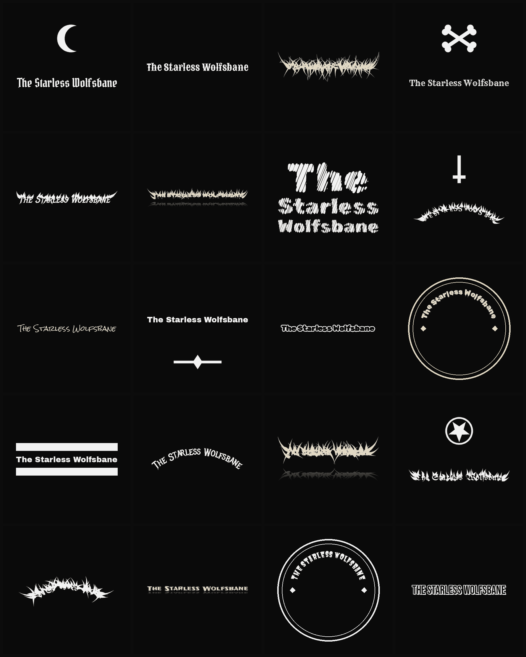 Twenty The Starless Wolfsbane band logo ideas — different faces, treatments and spike settings