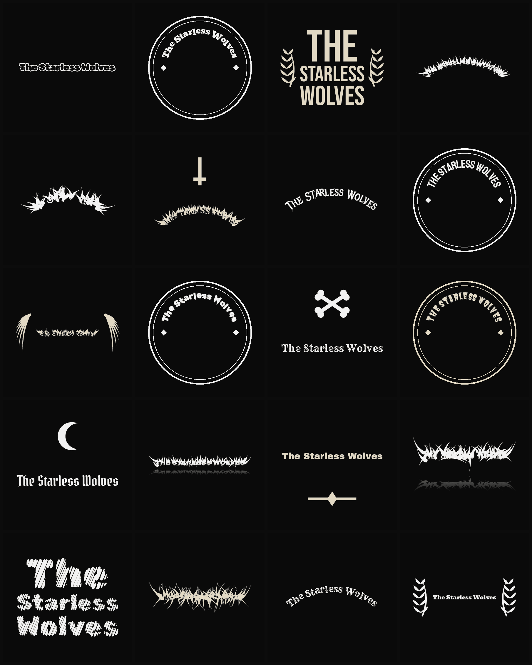 Twenty The Starless Wolves band logo ideas — different faces, treatments and spike settings