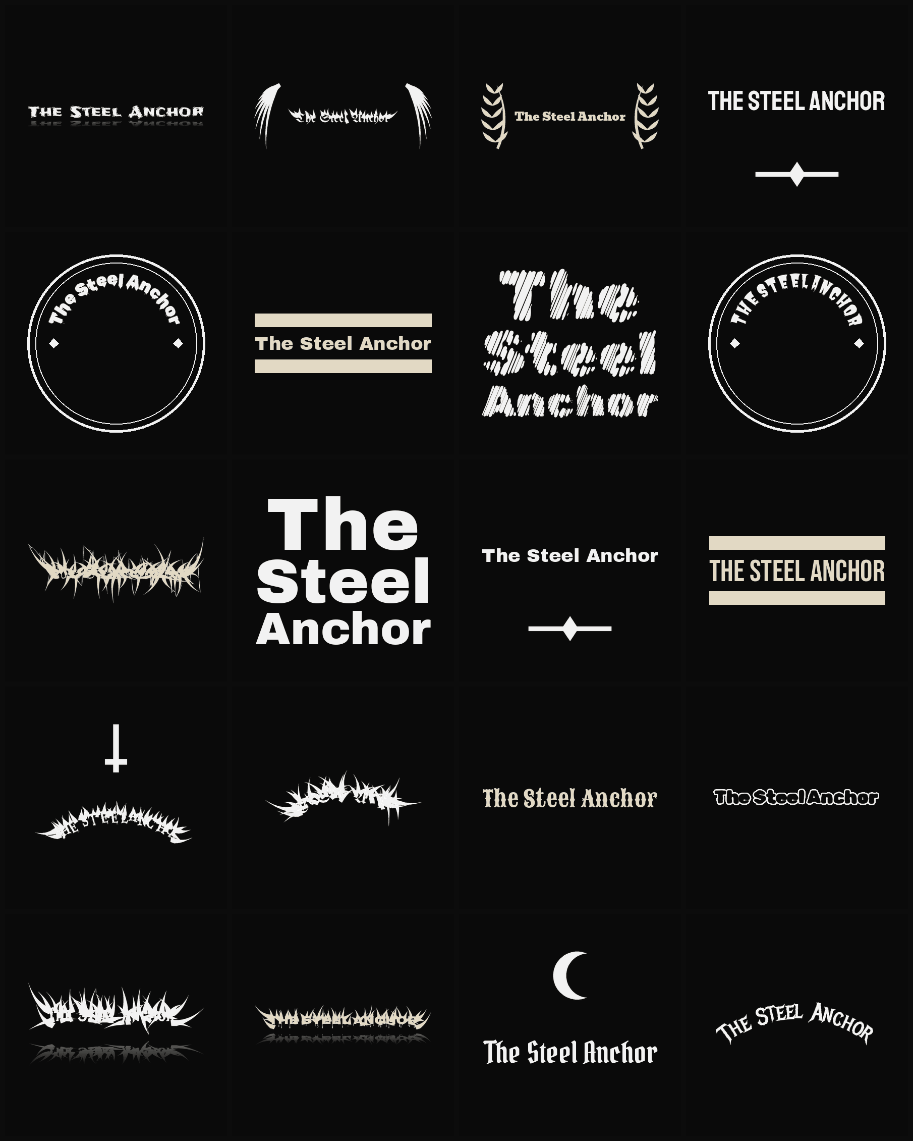 Twenty The Steel Anchor band logo ideas — different faces, treatments and spike settings