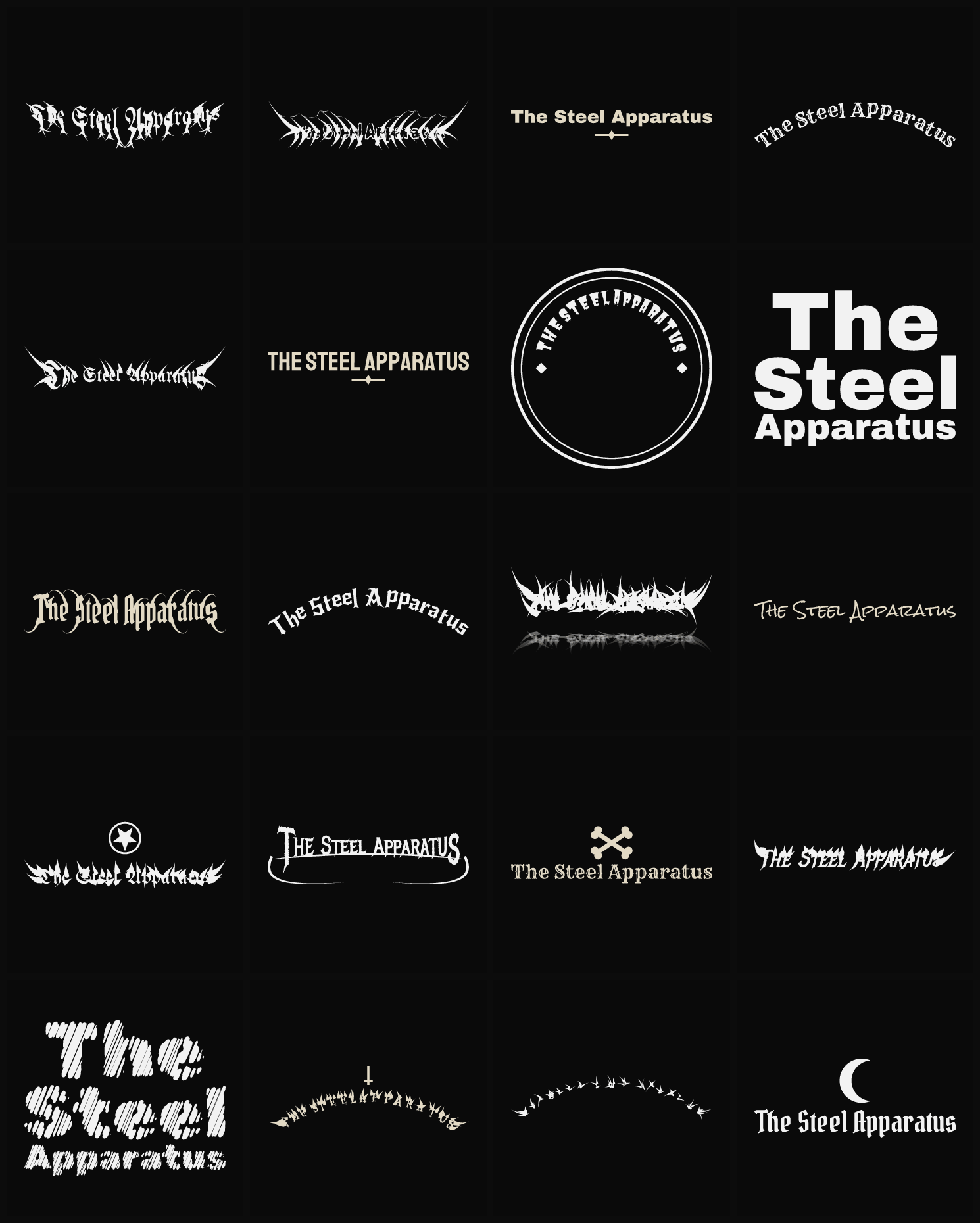 Twenty The Steel Apparatus band logo ideas — different faces, treatments and spike settings