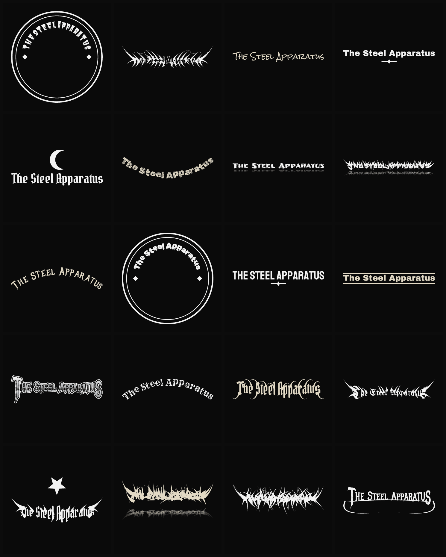 Twenty The Steel Apparatus band logo ideas — different faces, treatments and spike settings