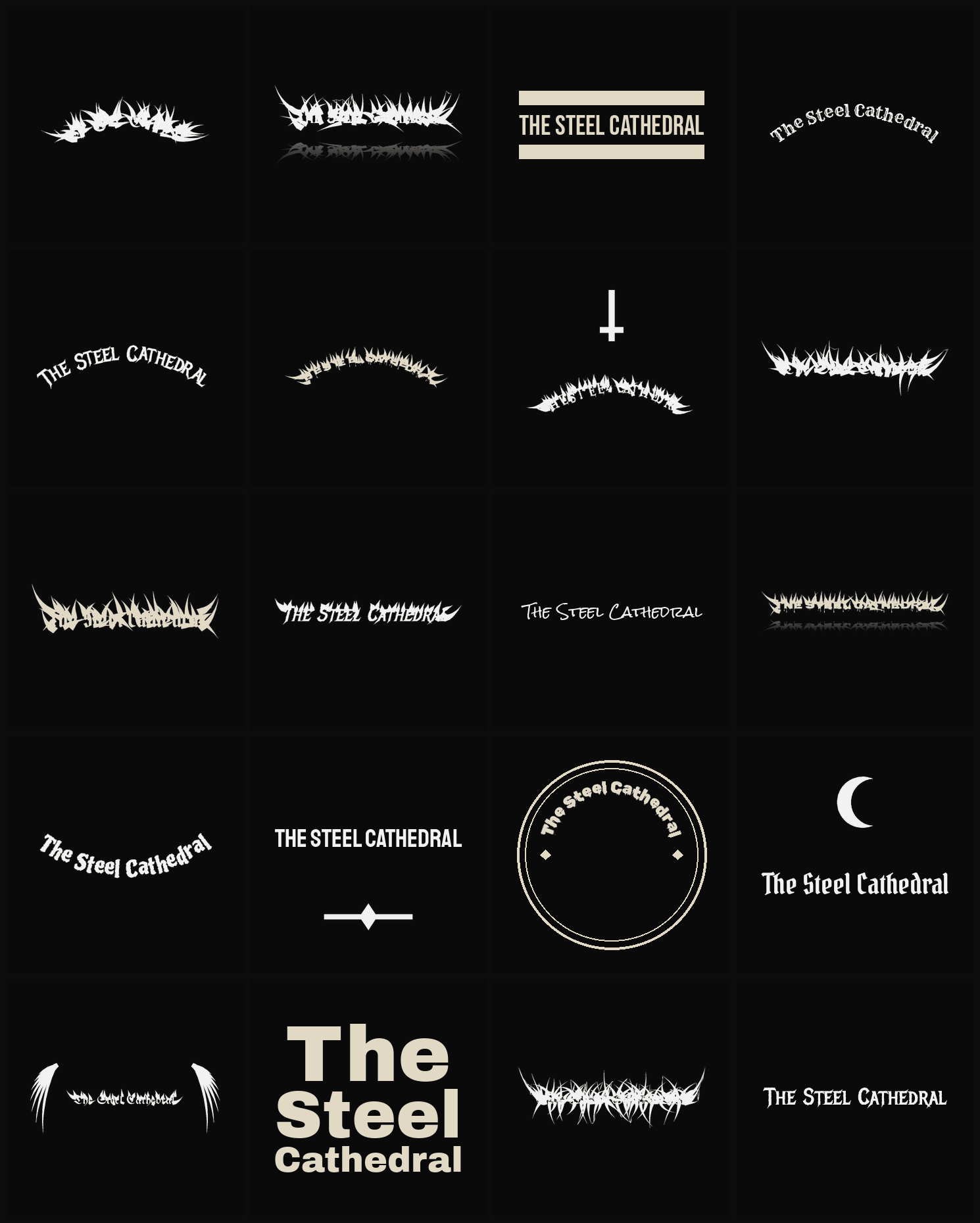 Twenty The Steel Cathedral band logo ideas — different faces, treatments and spike settings