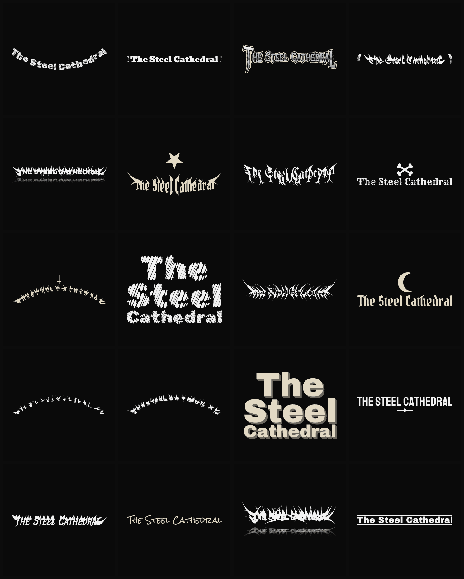 Twenty The Steel Cathedral band logo ideas — different faces, treatments and spike settings