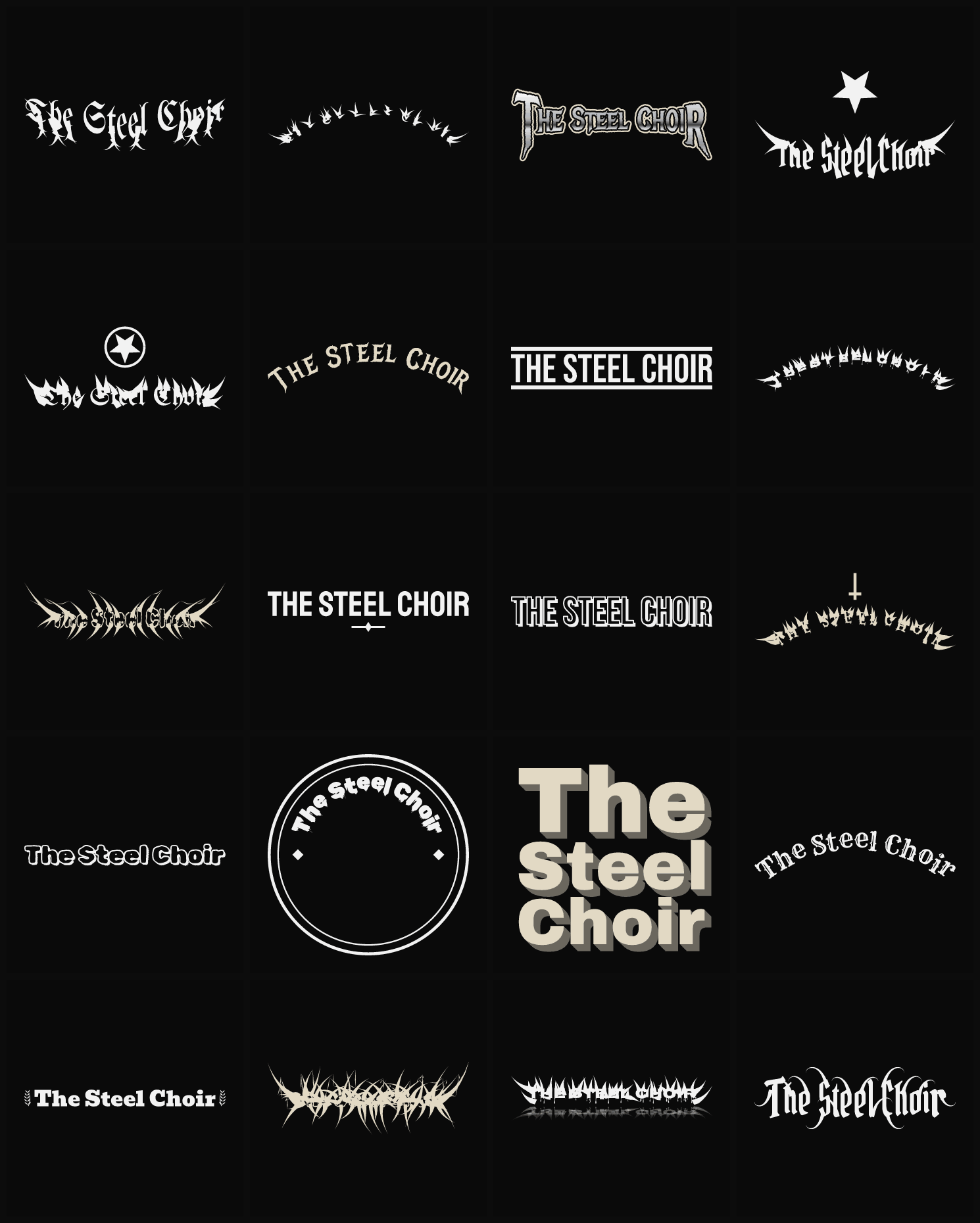 Twenty The Steel Choir band logo ideas — different faces, treatments and spike settings