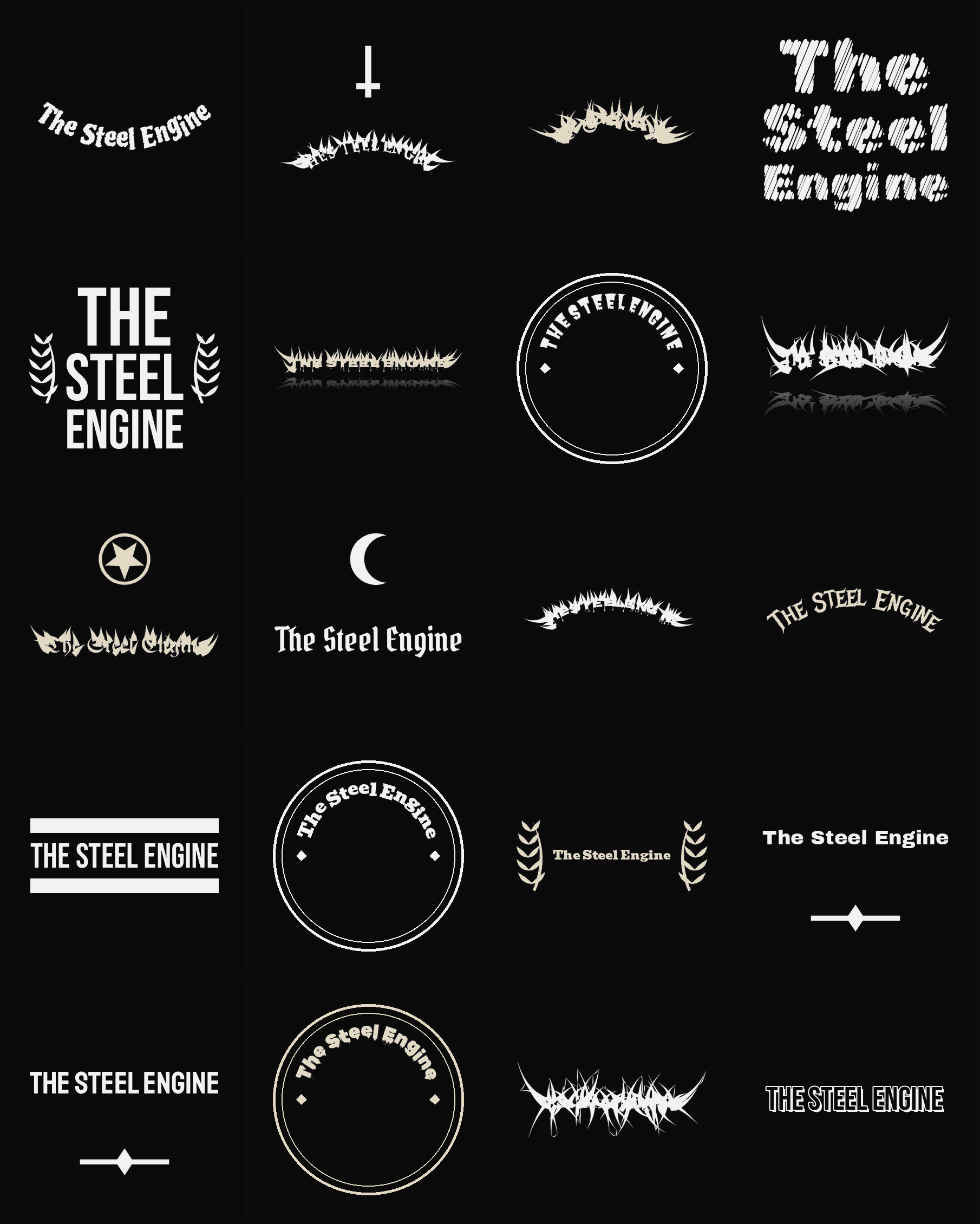 Twenty The Steel Engine band logo ideas — different faces, treatments and spike settings