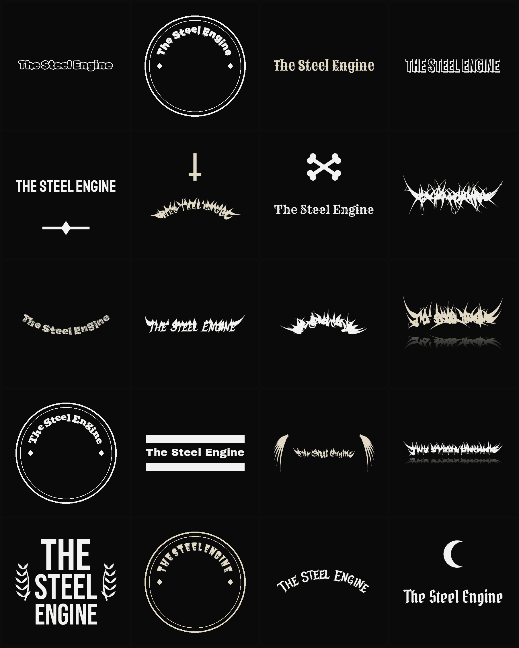 Twenty The Steel Engine band logo ideas — different faces, treatments and spike settings