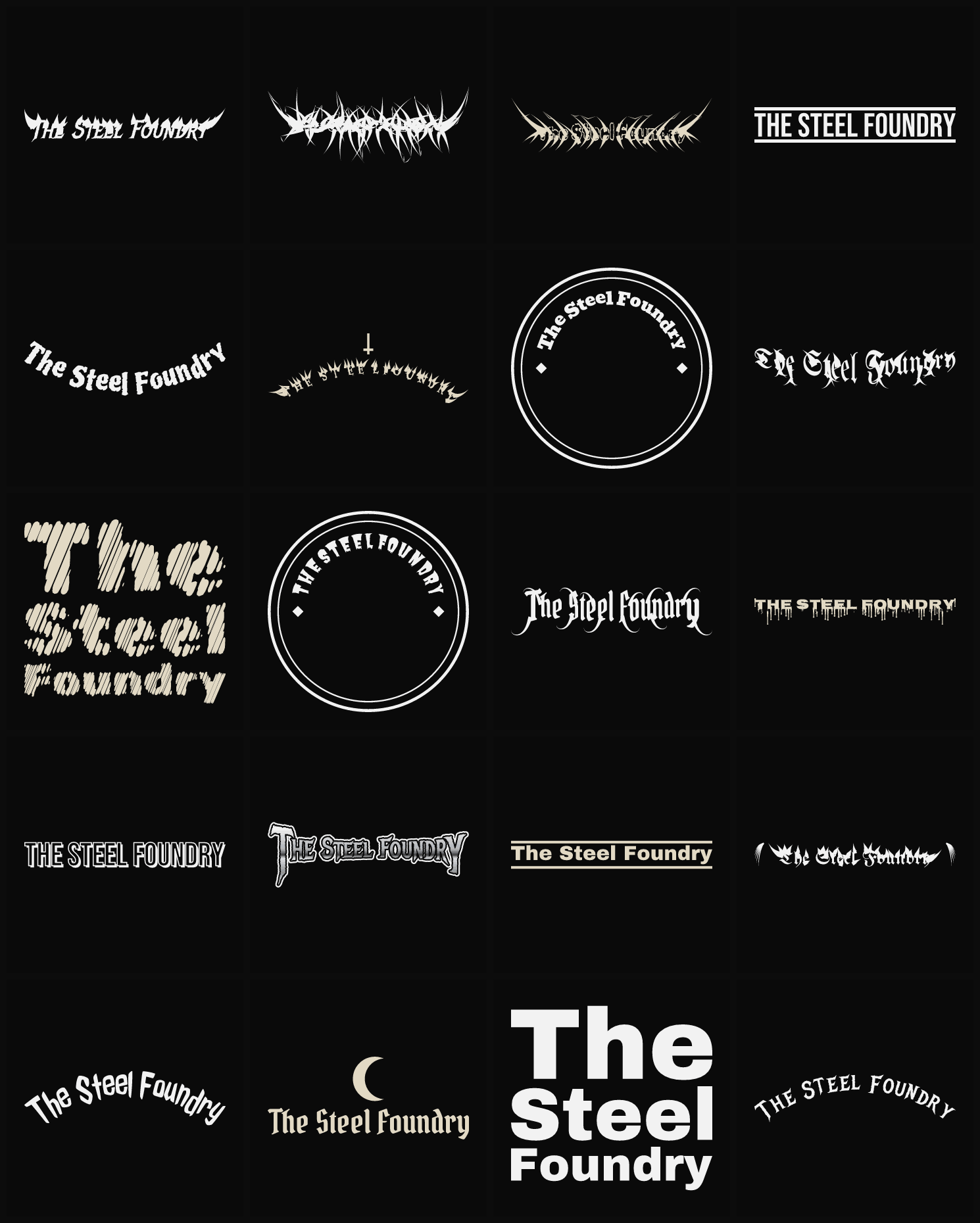 Twenty The Steel Foundry band logo ideas — different faces, treatments and spike settings