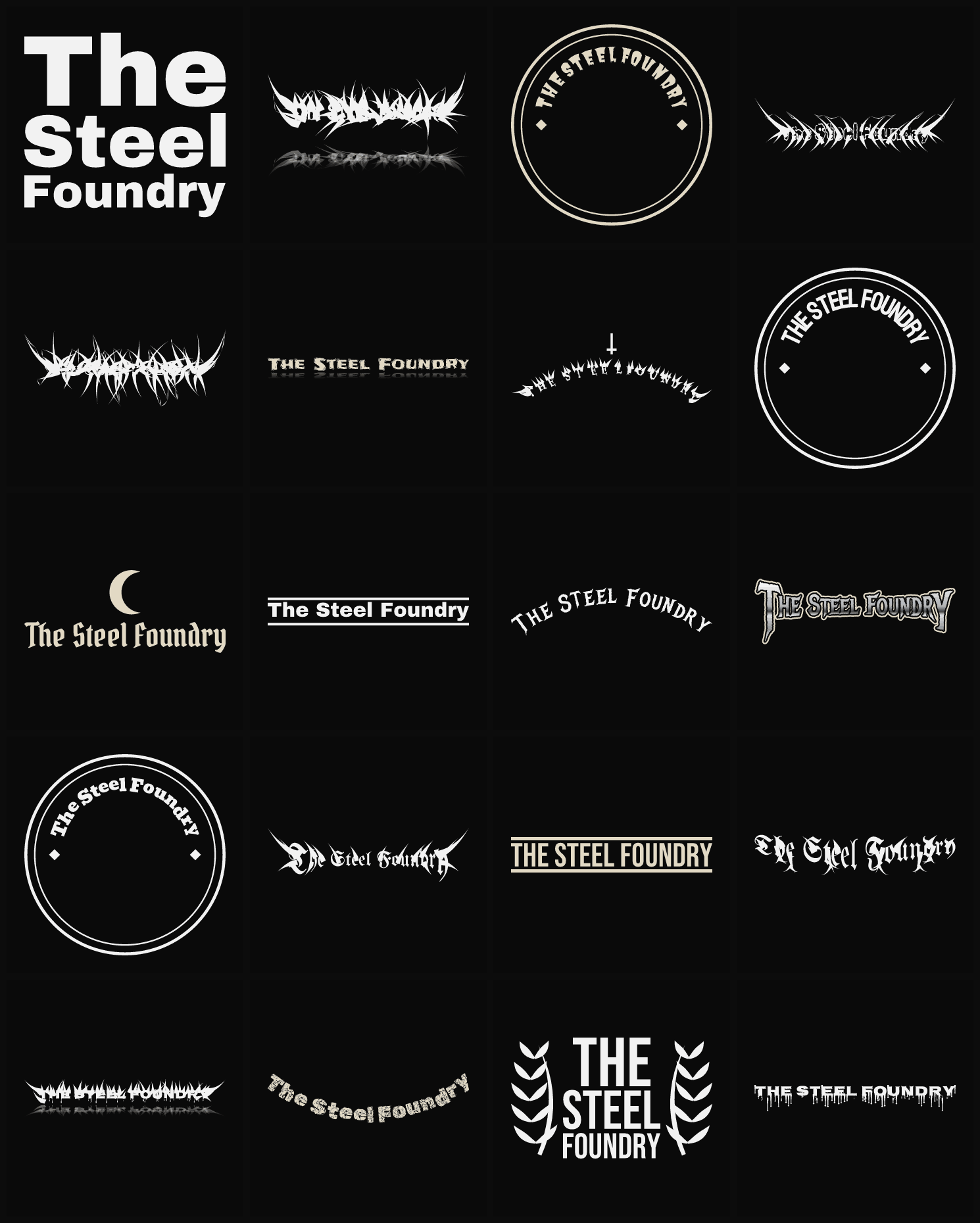 Twenty The Steel Foundry band logo ideas — different faces, treatments and spike settings