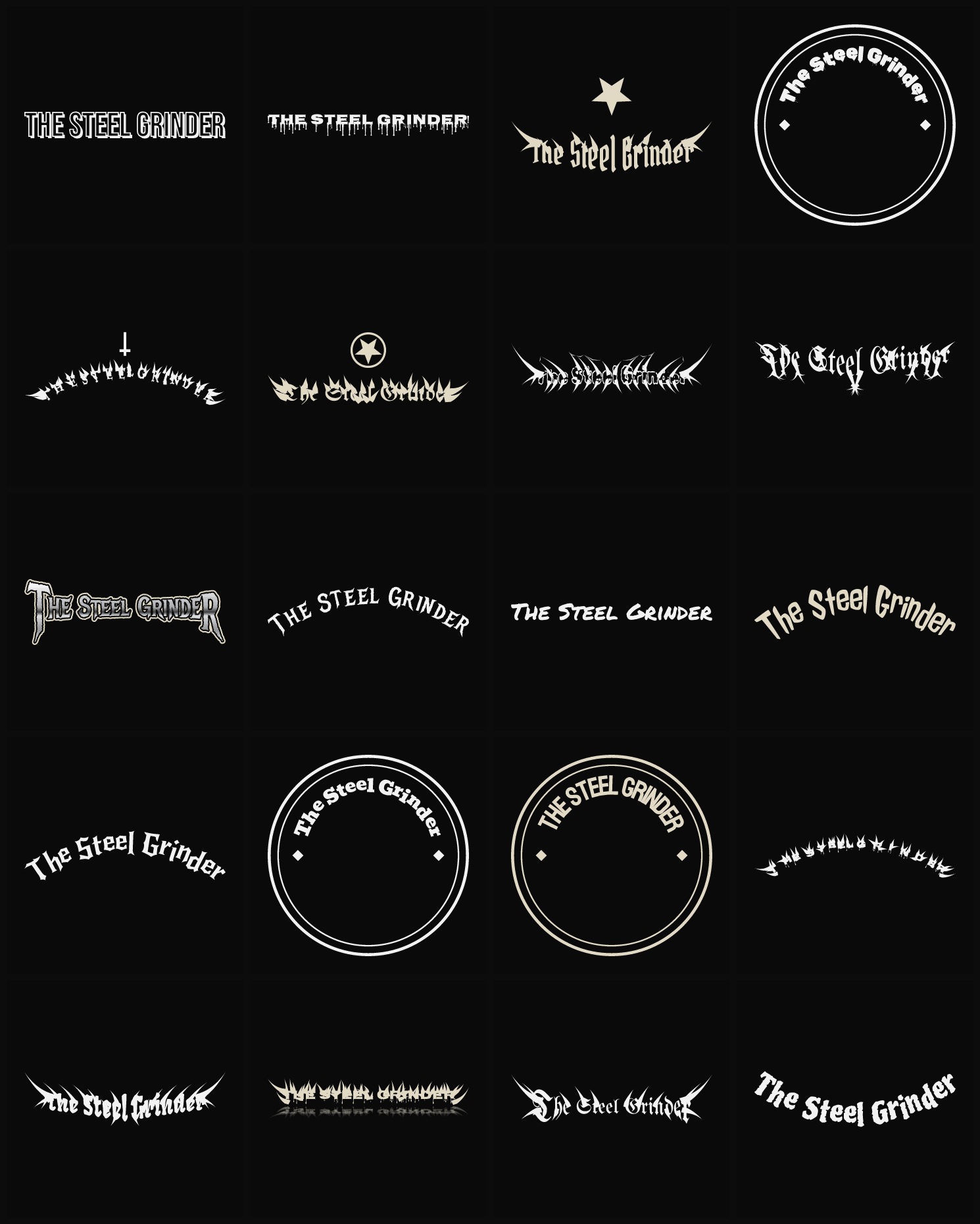 Twenty The Steel Grinder band logo ideas — different faces, treatments and spike settings