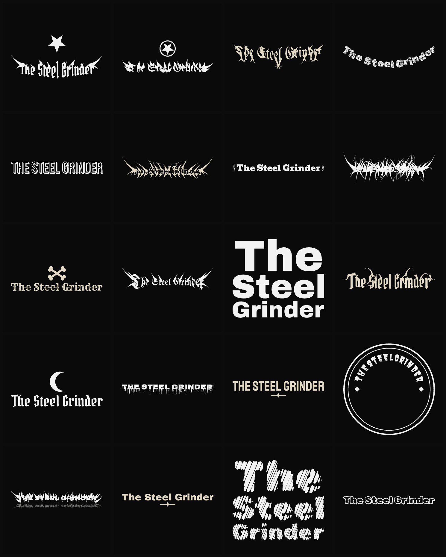 Twenty The Steel Grinder band logo ideas — different faces, treatments and spike settings