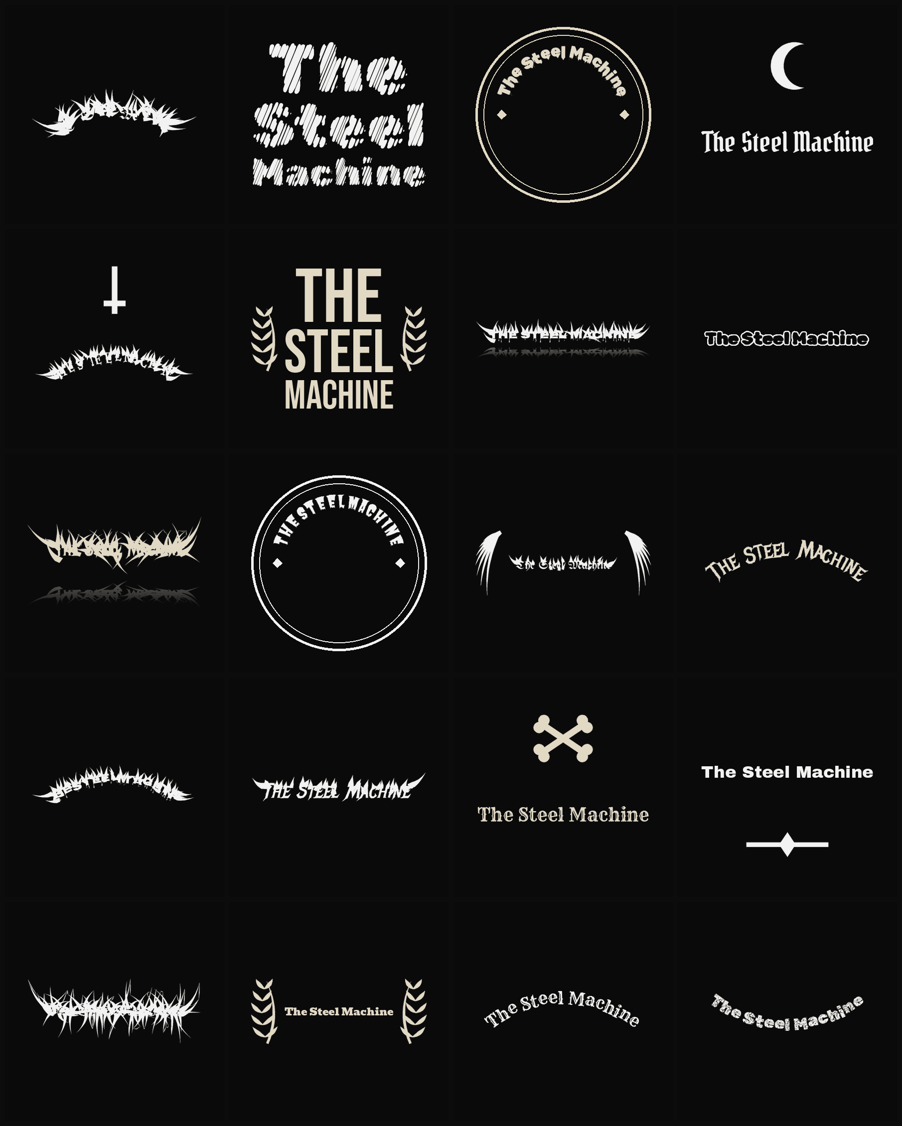 Twenty The Steel Machine band logo ideas — different faces, treatments and spike settings