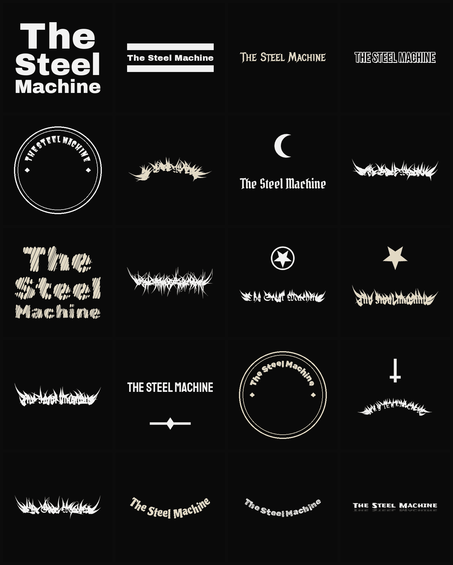 Twenty The Steel Machine band logo ideas — different faces, treatments and spike settings