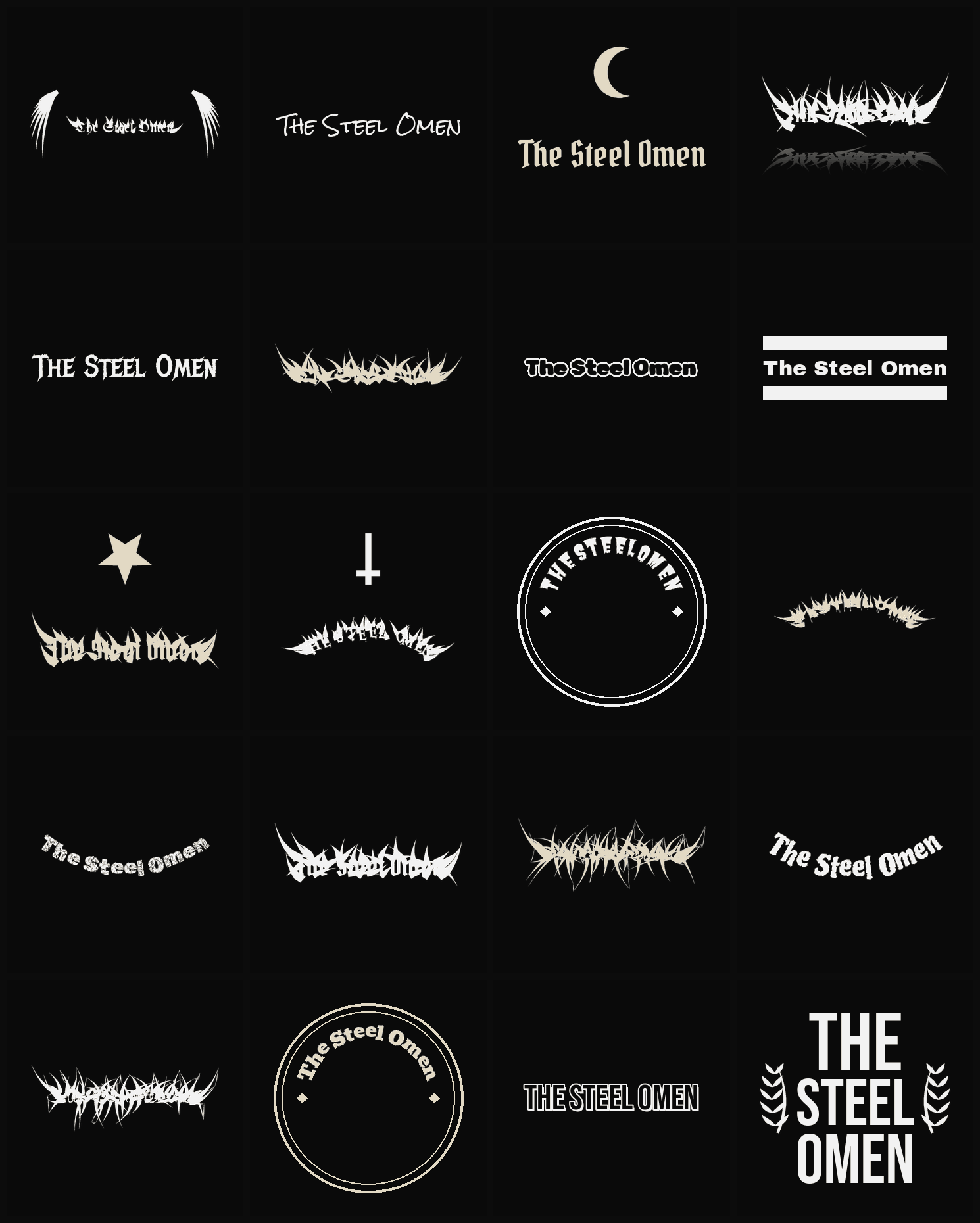 Twenty The Steel Omen band logo ideas — different faces, treatments and spike settings