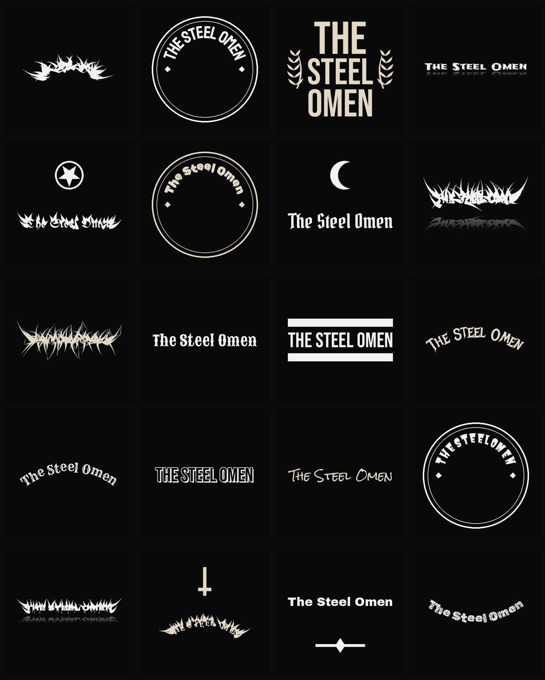 Twenty The Steel Omen band logo ideas — different faces, treatments and spike settings