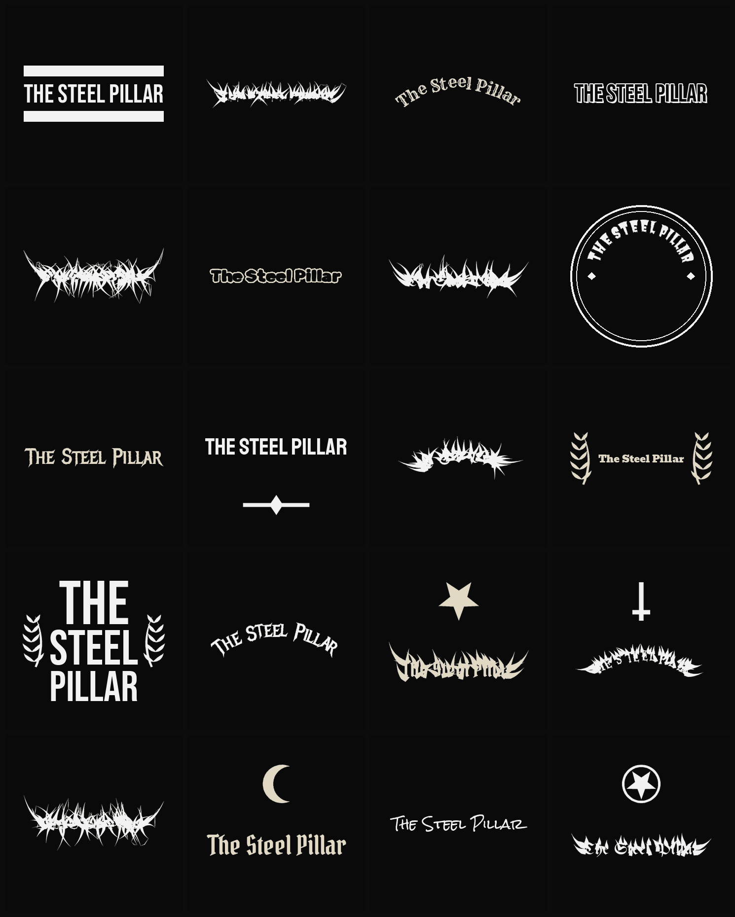 Twenty The Steel Pillar band logo ideas — different faces, treatments and spike settings