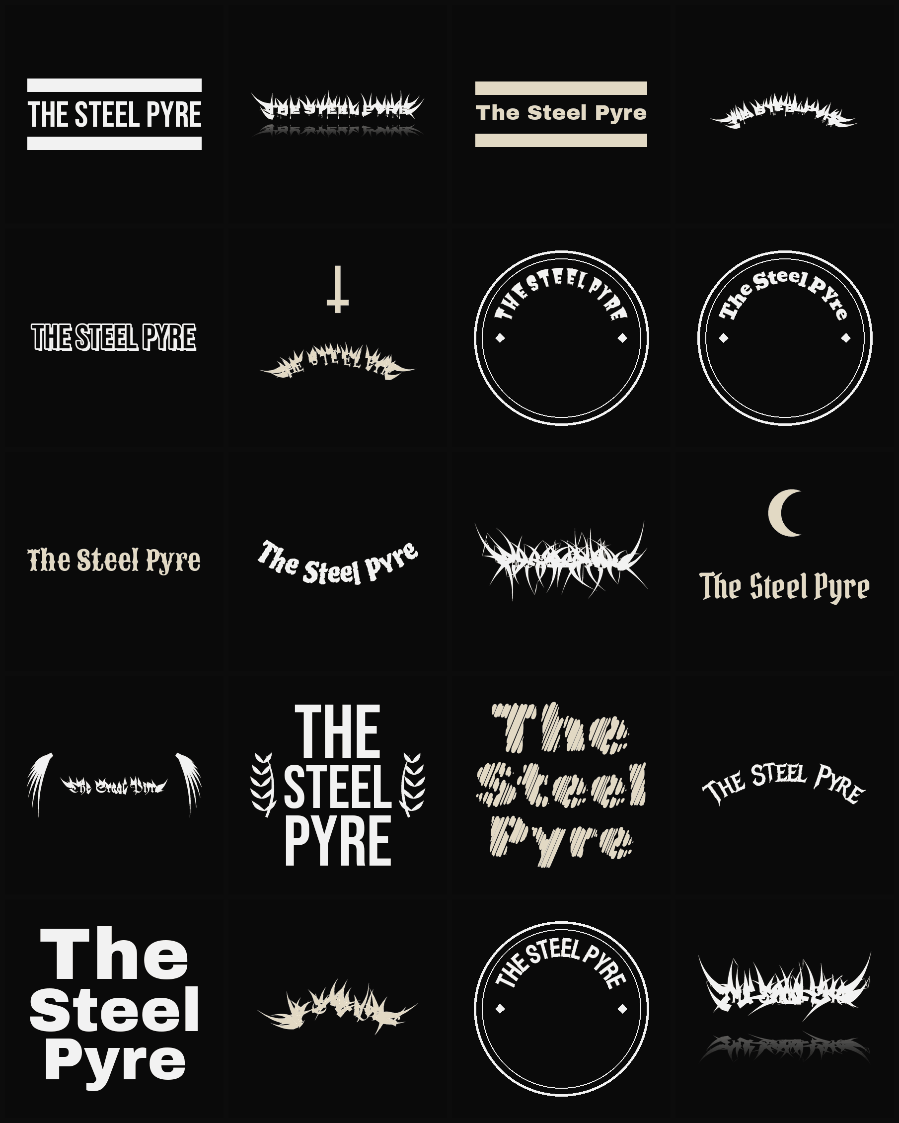Twenty The Steel Pyre band logo ideas — different faces, treatments and spike settings