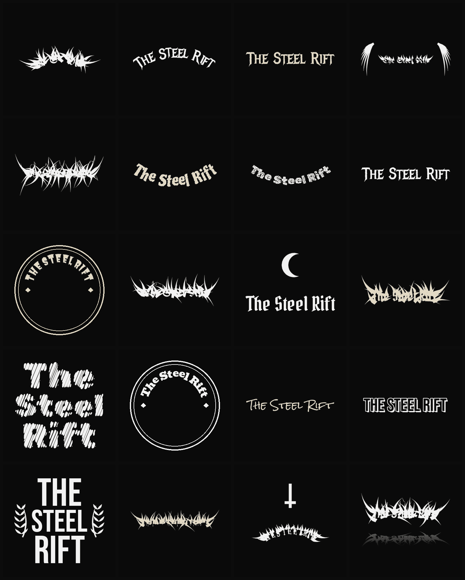 Twenty The Steel Rift band logo ideas — different faces, treatments and spike settings