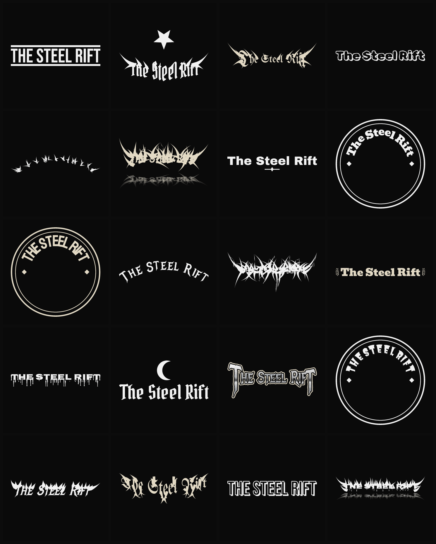 Twenty The Steel Rift band logo ideas — different faces, treatments and spike settings