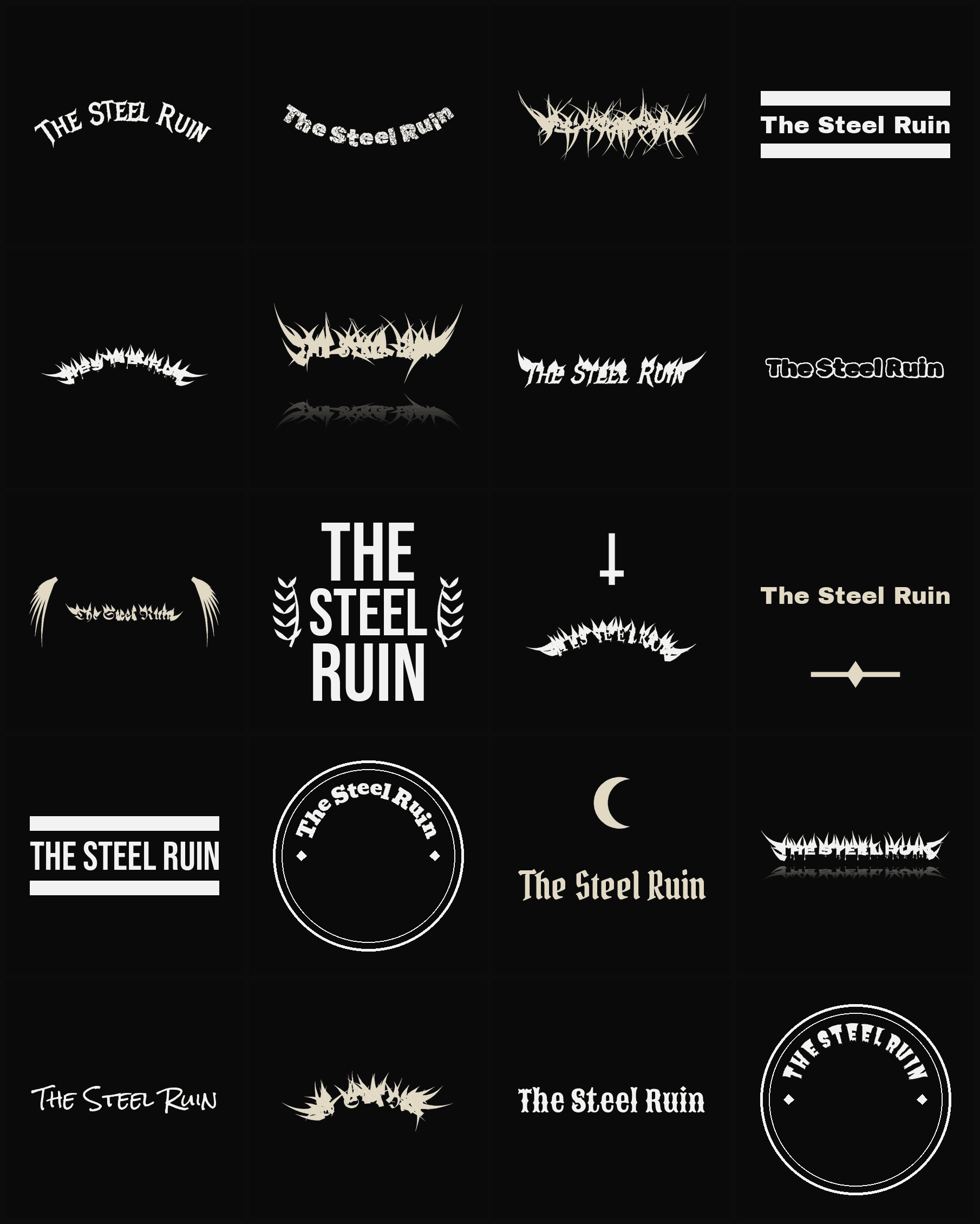 Twenty The Steel Ruin band logo ideas — different faces, treatments and spike settings