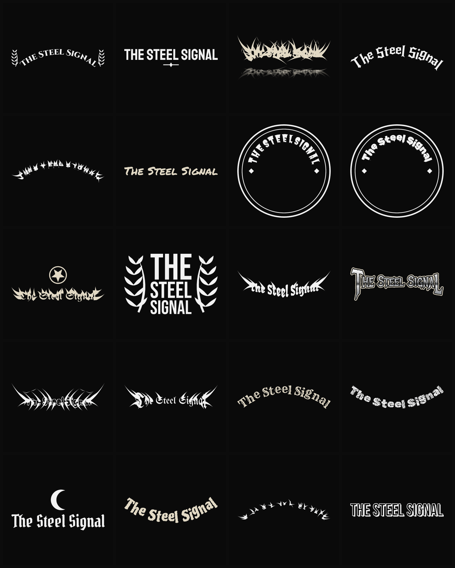Twenty The Steel Signal band logo ideas — different faces, treatments and spike settings