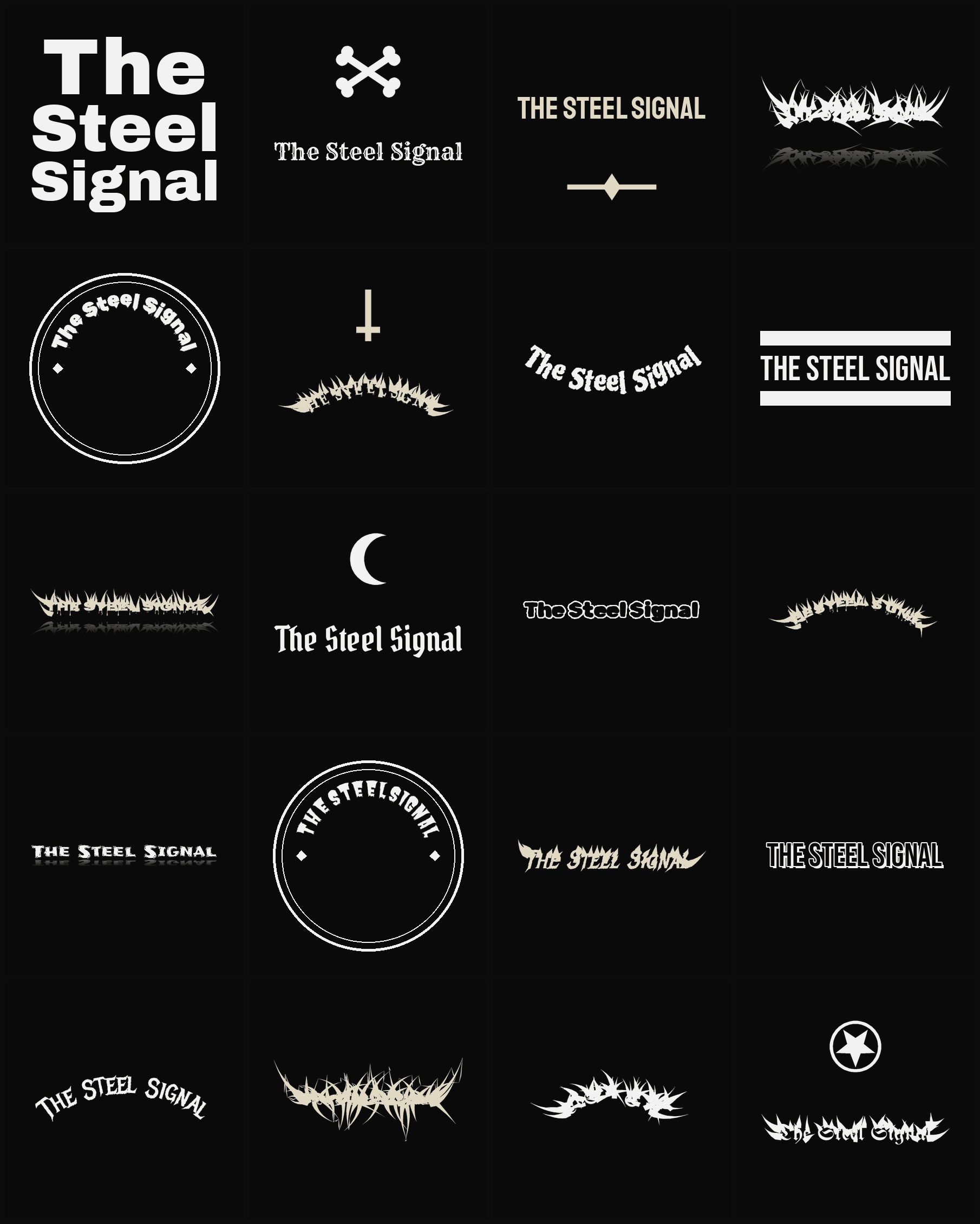 Twenty The Steel Signal band logo ideas — different faces, treatments and spike settings