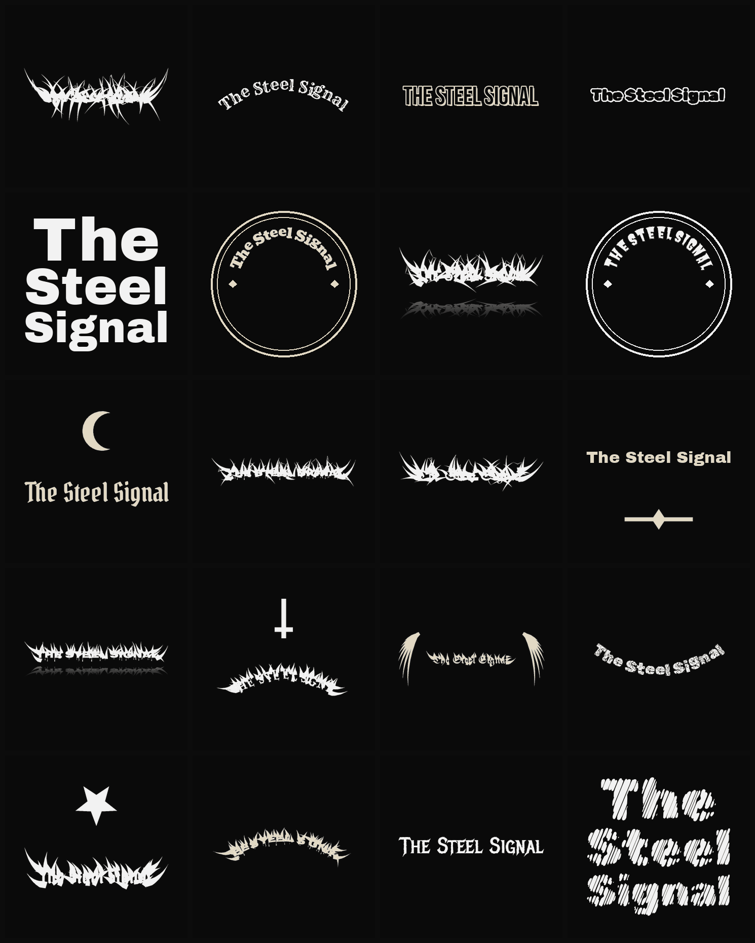 Twenty The Steel Signal band logo ideas — different faces, treatments and spike settings