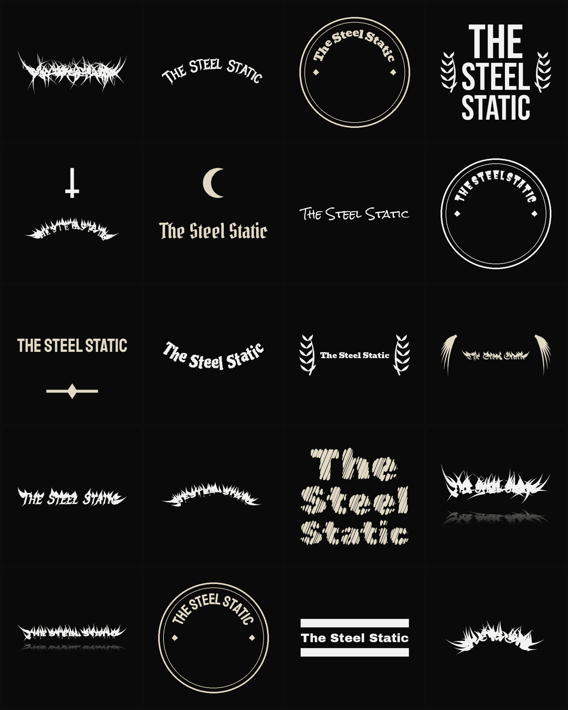 Twenty The Steel Static band logo ideas — different faces, treatments and spike settings