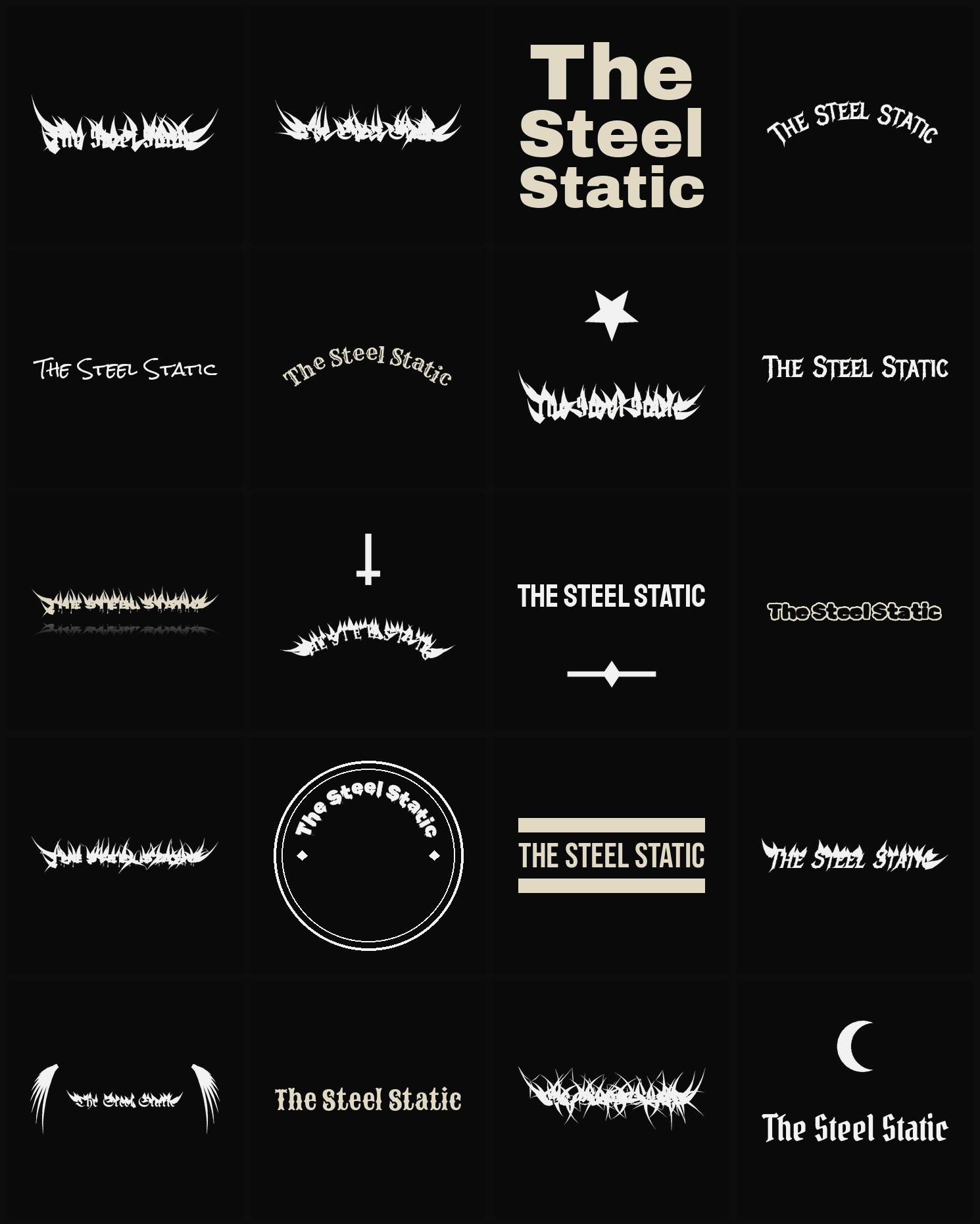 Twenty The Steel Static band logo ideas — different faces, treatments and spike settings